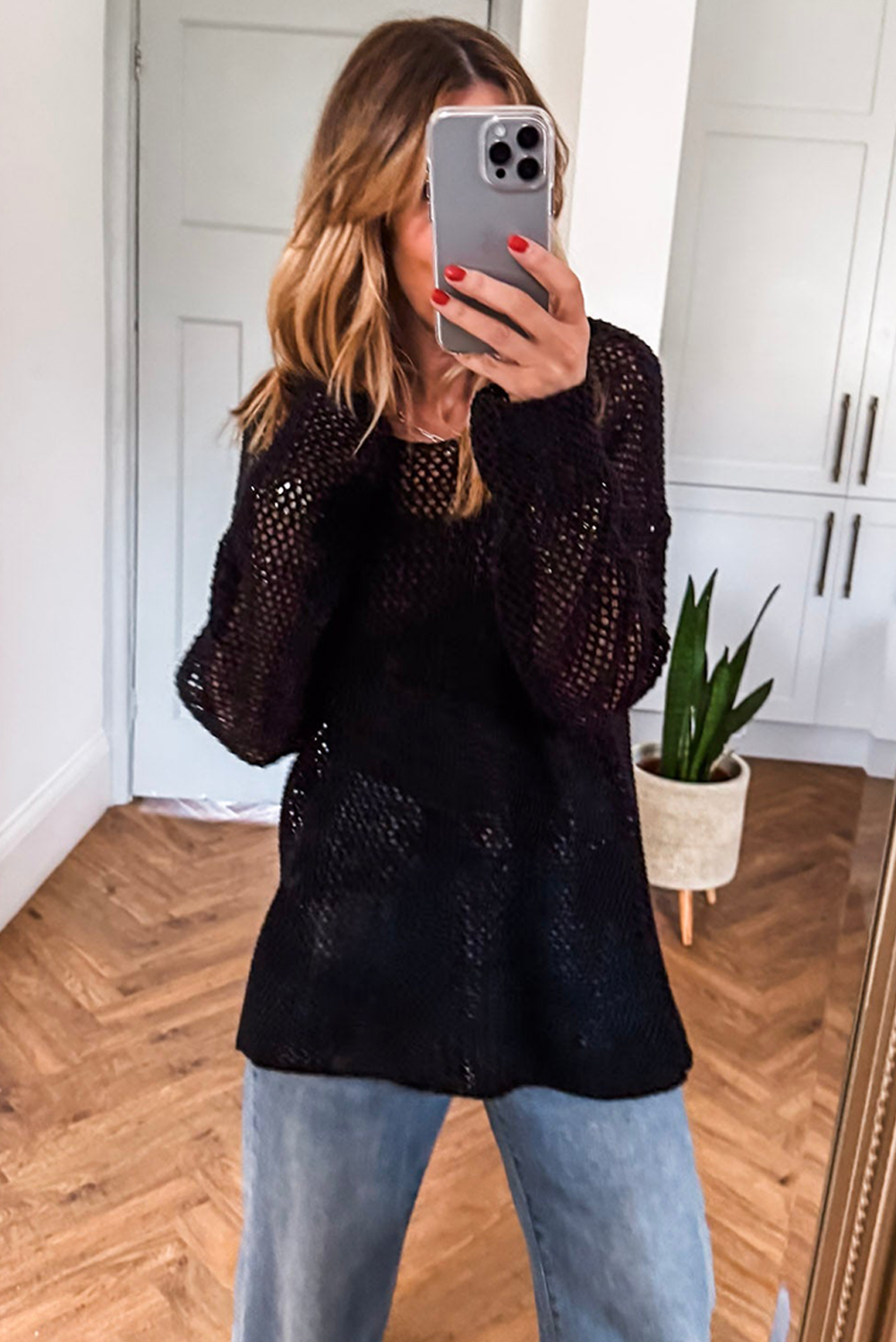 Smoke Gray Crochet Hollow-out Knit Sweater