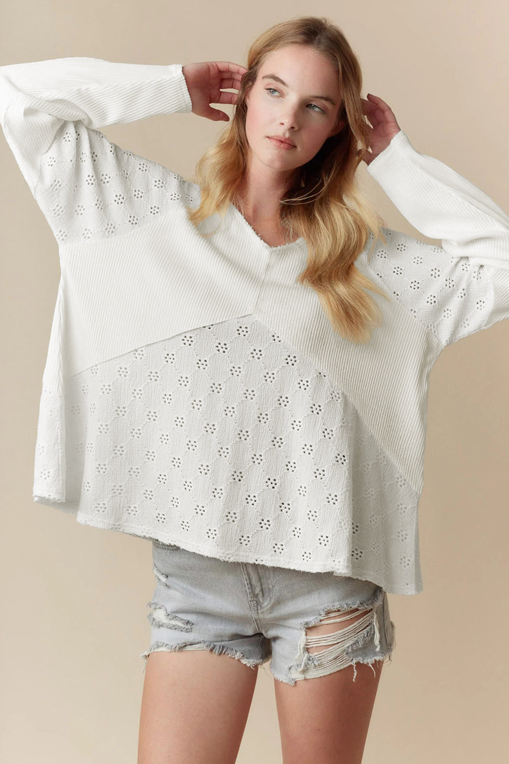 White Twisted Rib Patchwork Floral Embroidered Loose Long Sleeve Top
