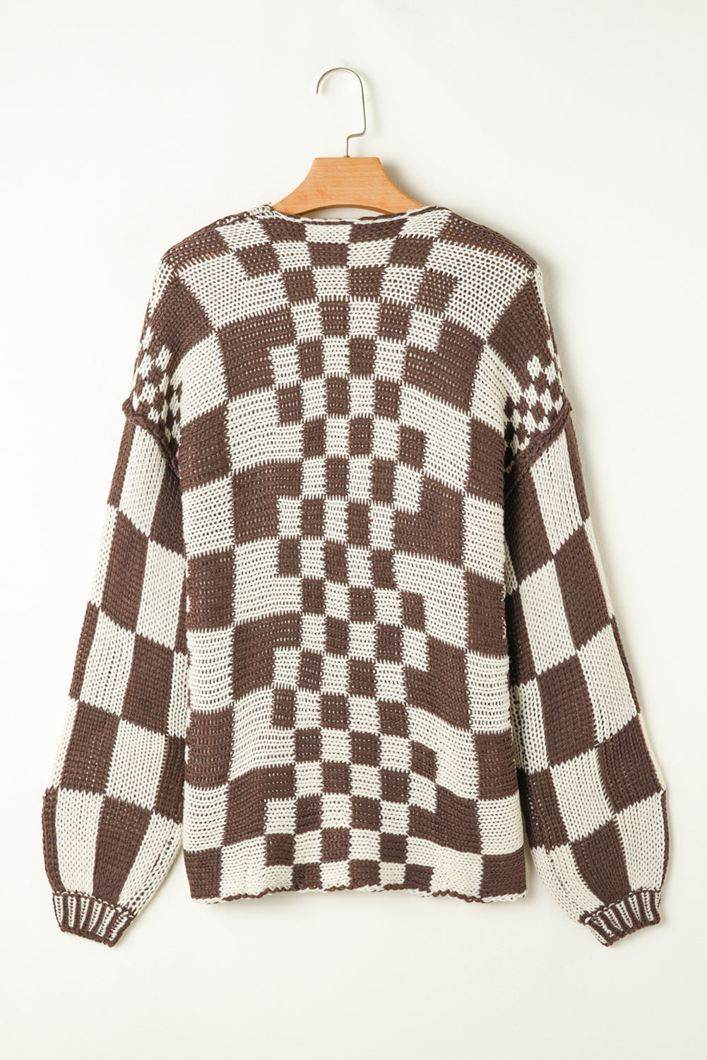 Dark Brown Colorblock Checked Loose Fit Open Front Knitted Cardigan