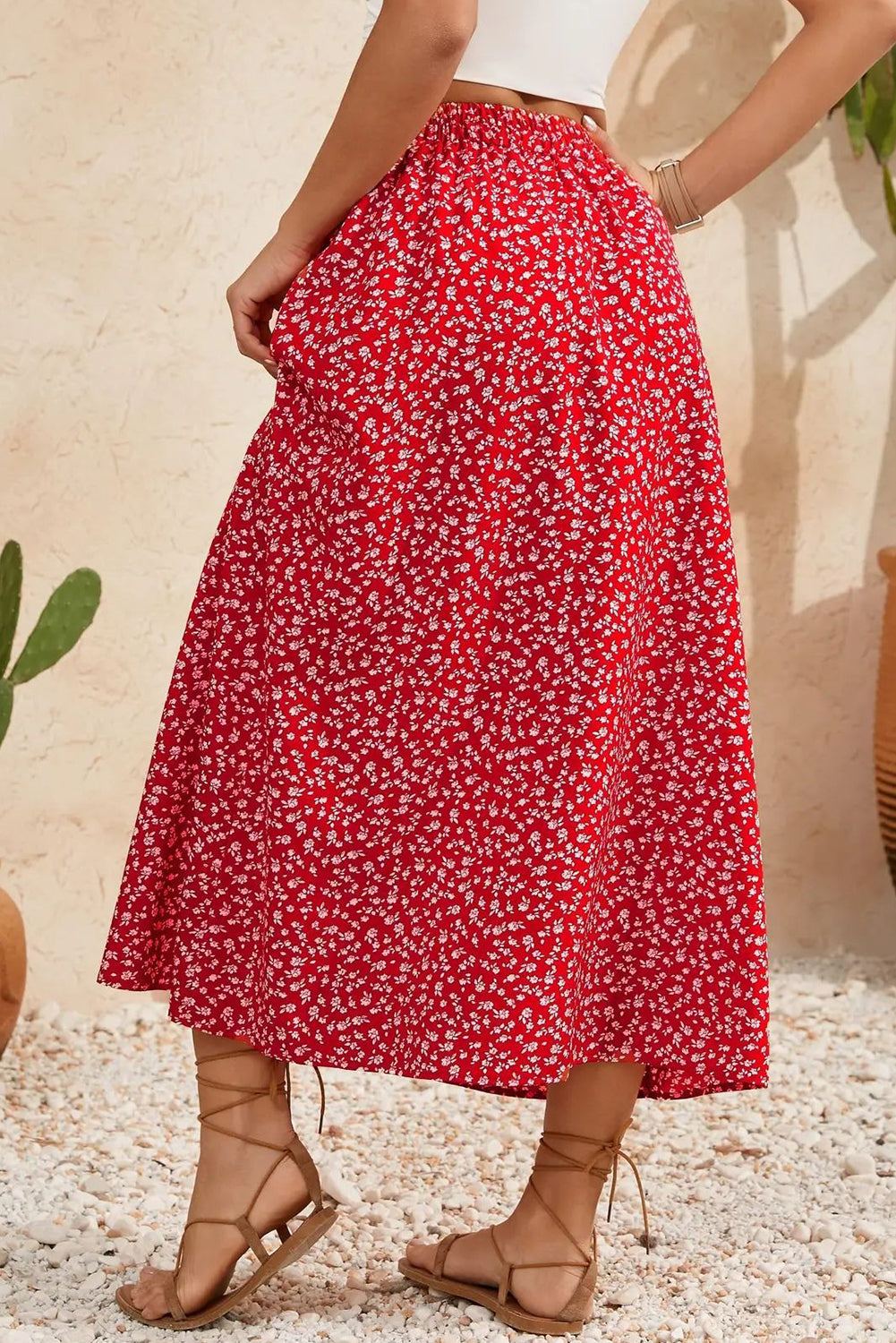 Red Floral Print Button Down Skirt