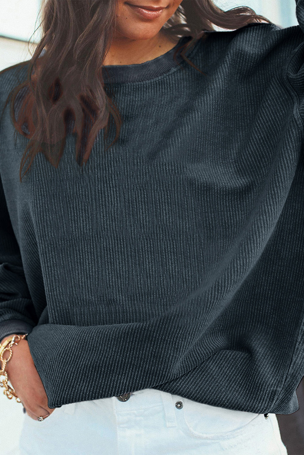 White Drop Shoulder Rib Knit Oversized Sweatshirt