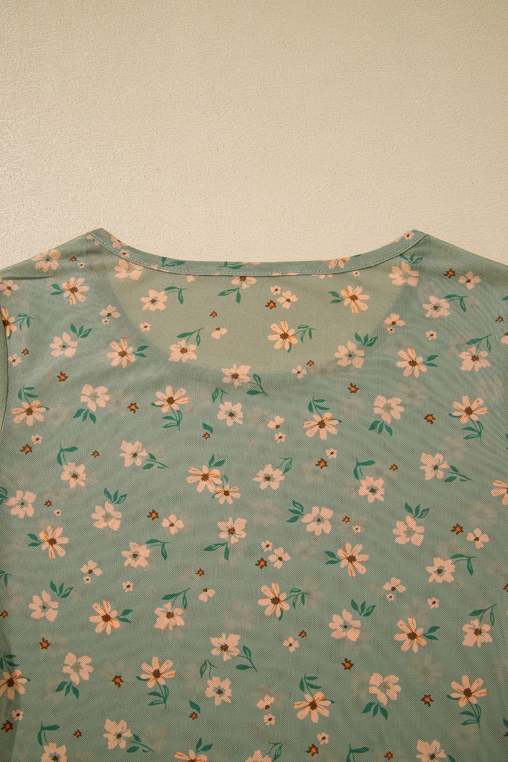 Laurel Green Vintage Floral Print Mesh Slim Fit Long Sleeve Top