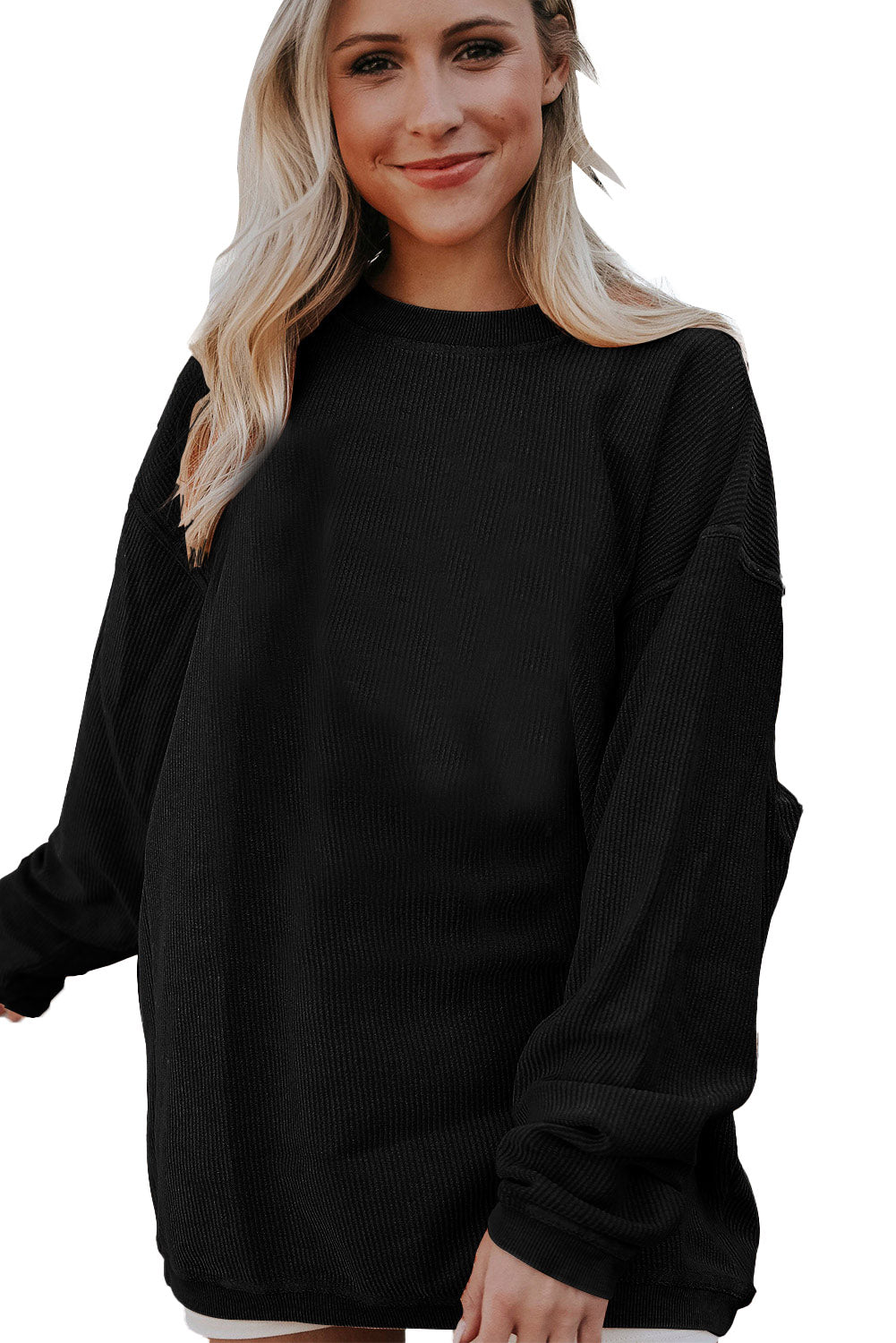 White Drop Shoulder Rib Knit Oversized Sweatshirt