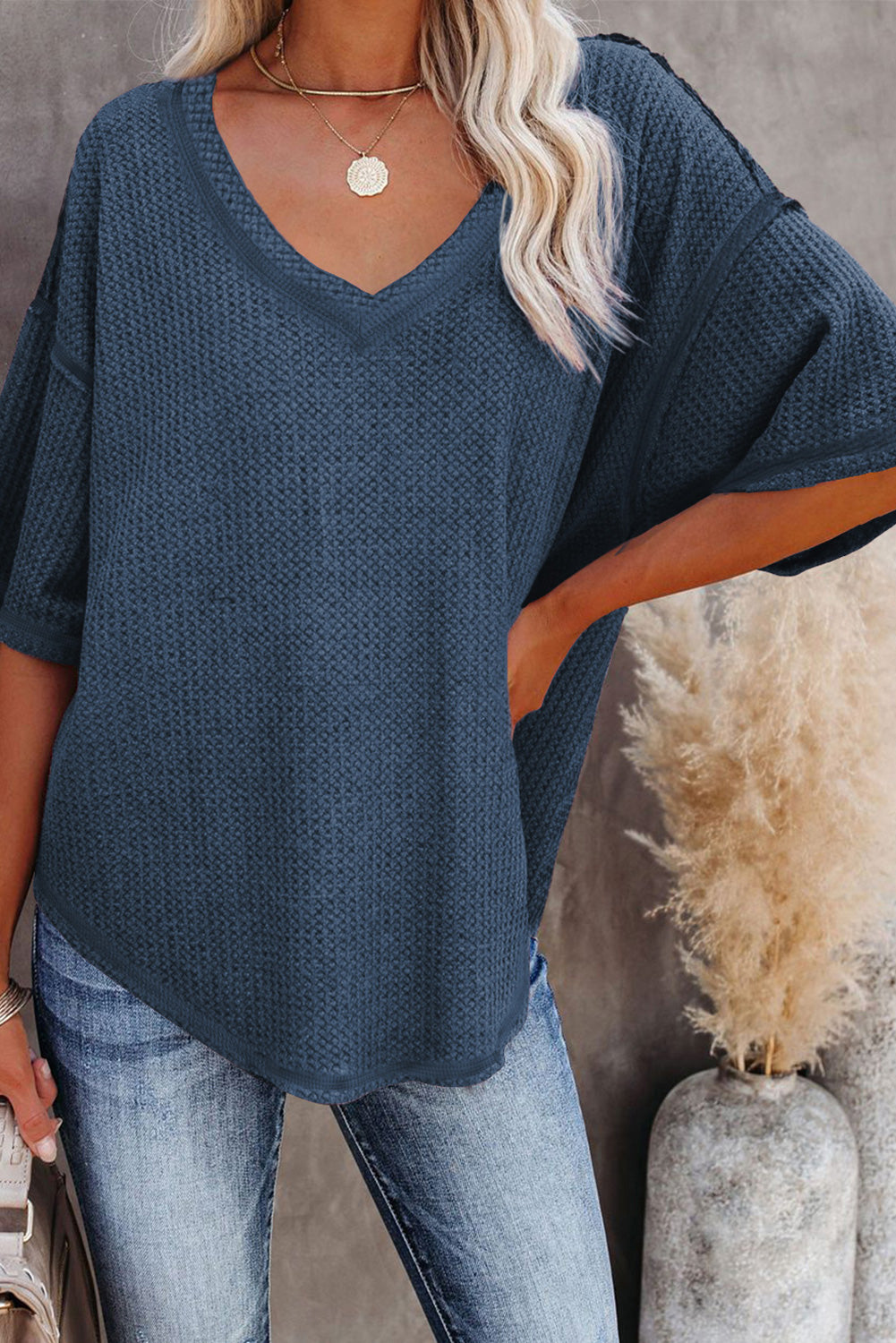 Rose Exposed Seam Drop Sleeve V Neck Waffle Textured Top