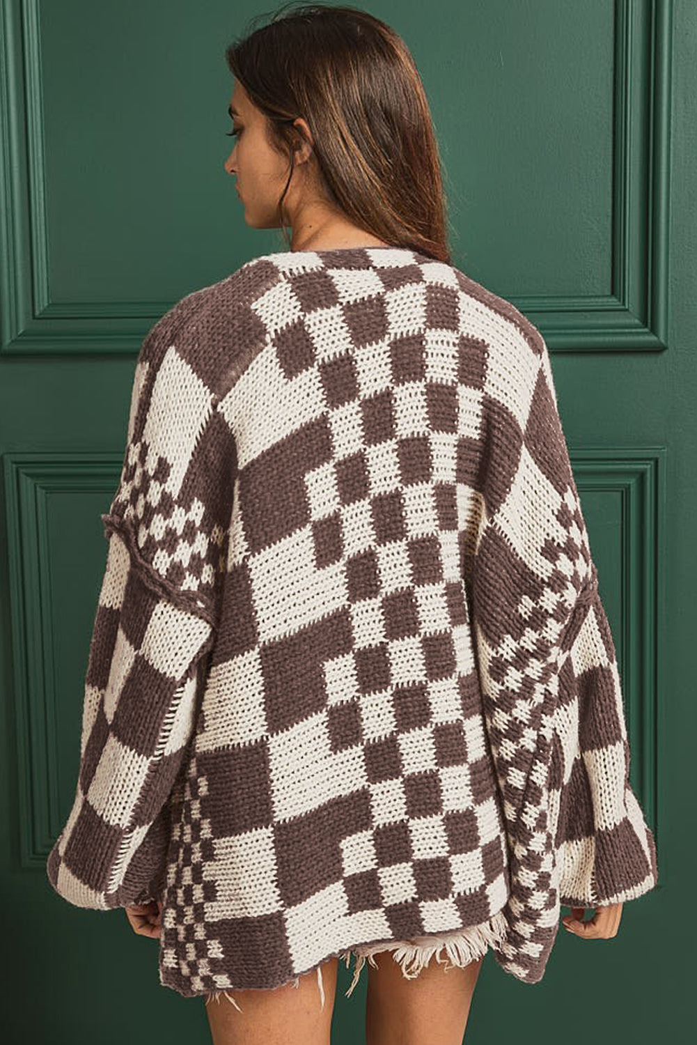 Dark Brown Colorblock Checked Loose Fit Open Front Knitted Cardigan