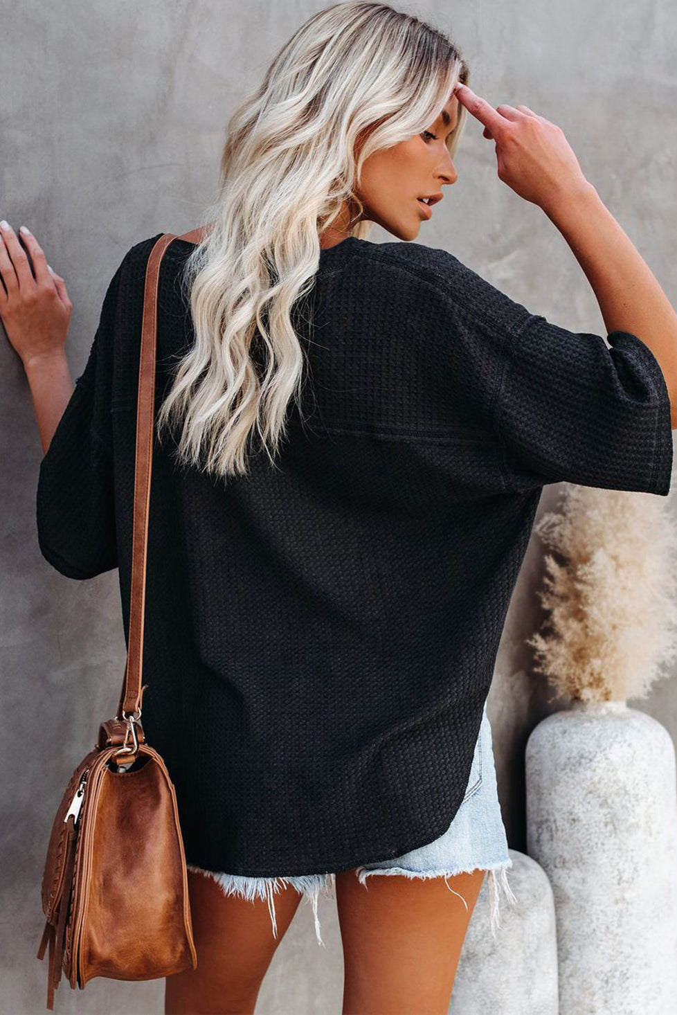 Rose Exposed Seam Drop Sleeve V Neck Waffle Textured Top