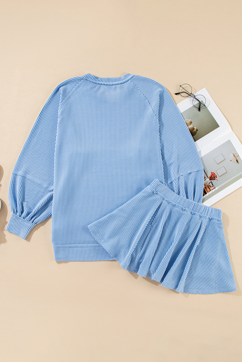 Jet Stream Corded Lantern Sleeve Pullover and Ruffle Mini Skirt Set