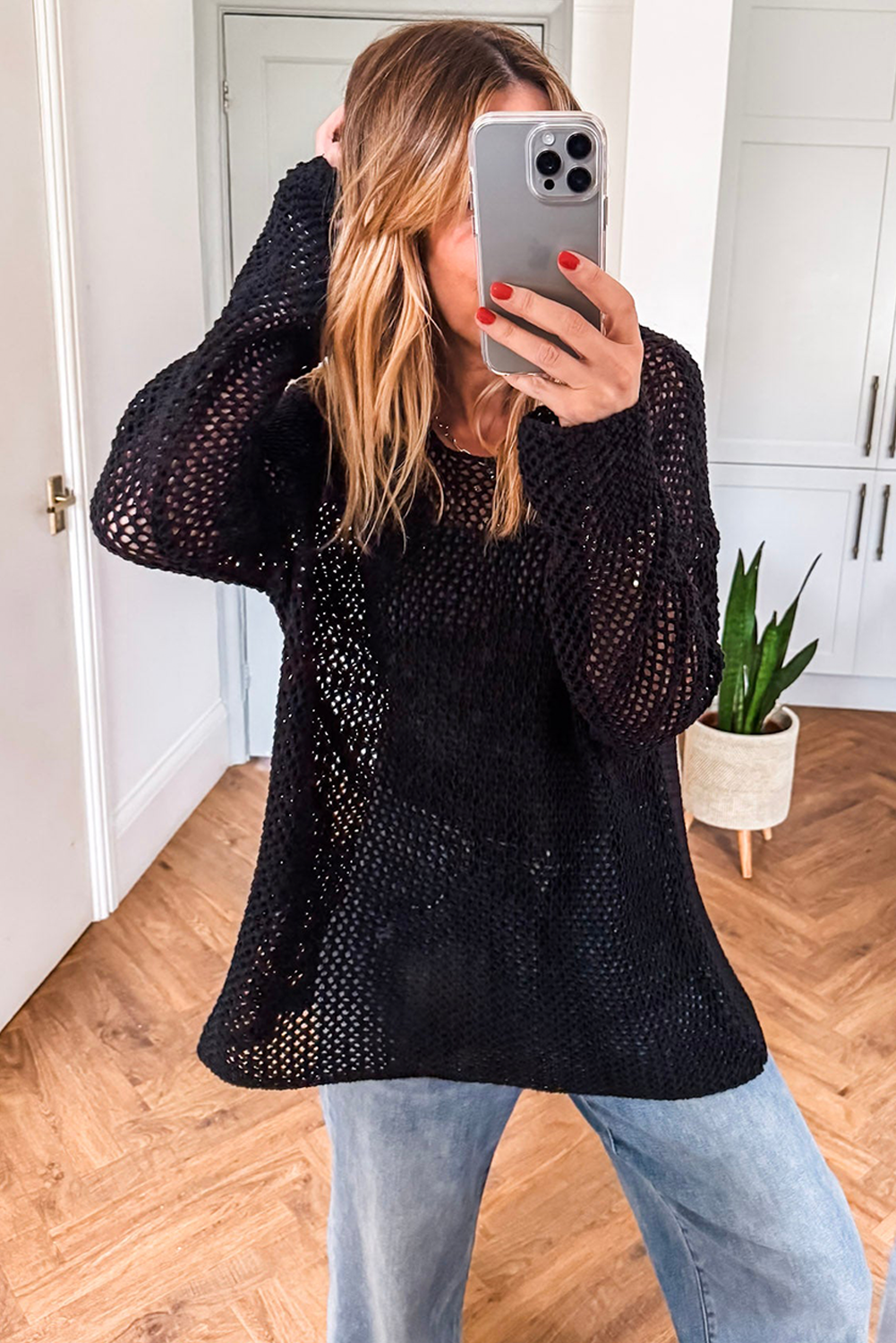 Smoke Gray Crochet Hollow-out Knit Sweater