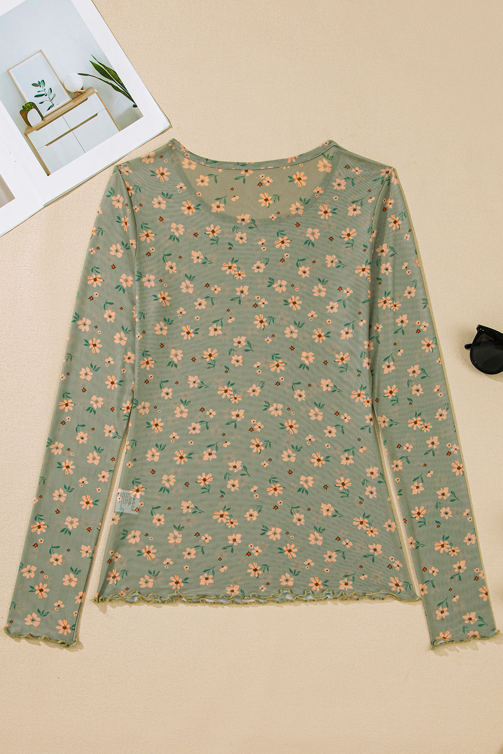 Laurel Green Vintage Floral Print Mesh Slim Fit Long Sleeve Top