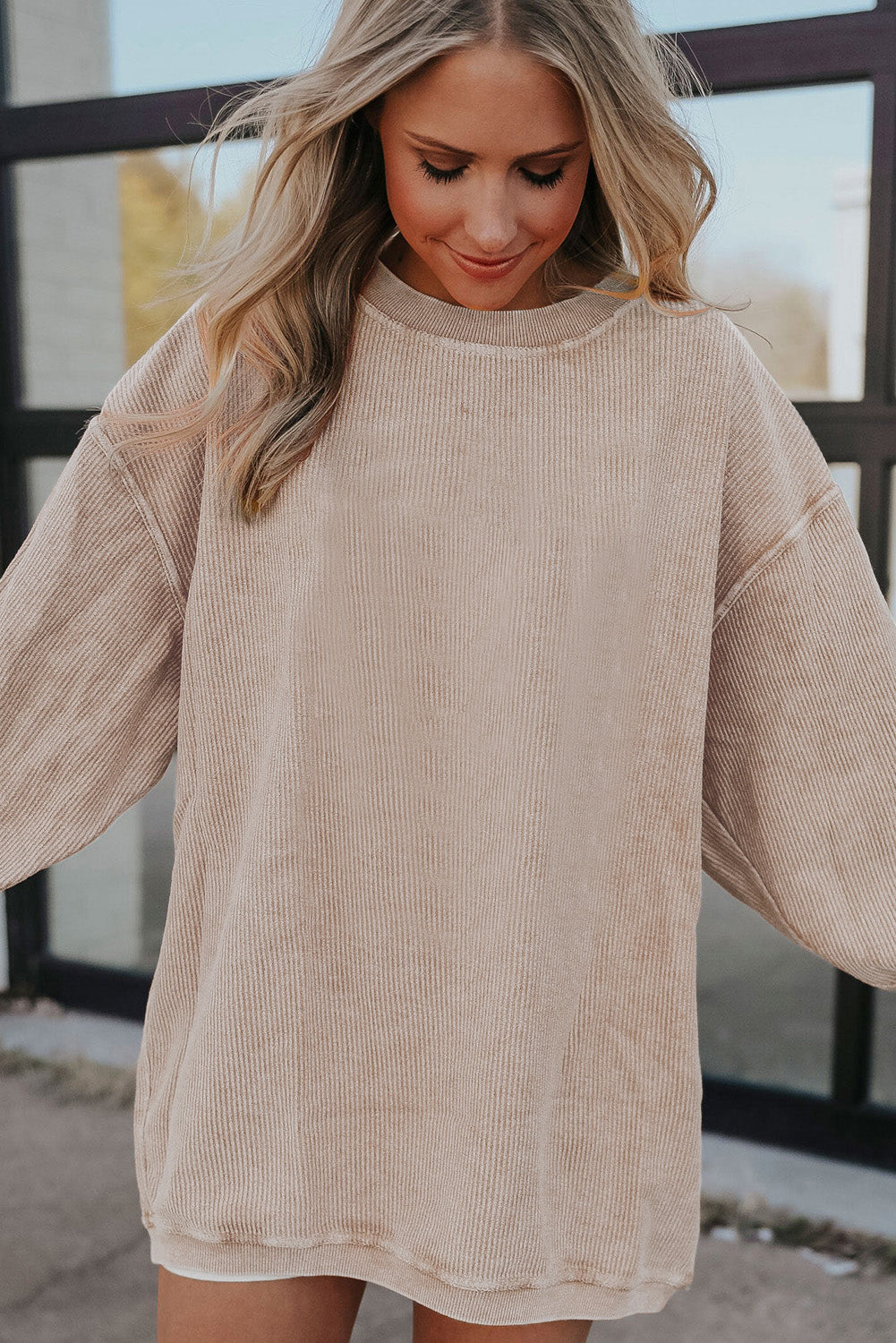 White Drop Shoulder Rib Knit Oversized Sweatshirt