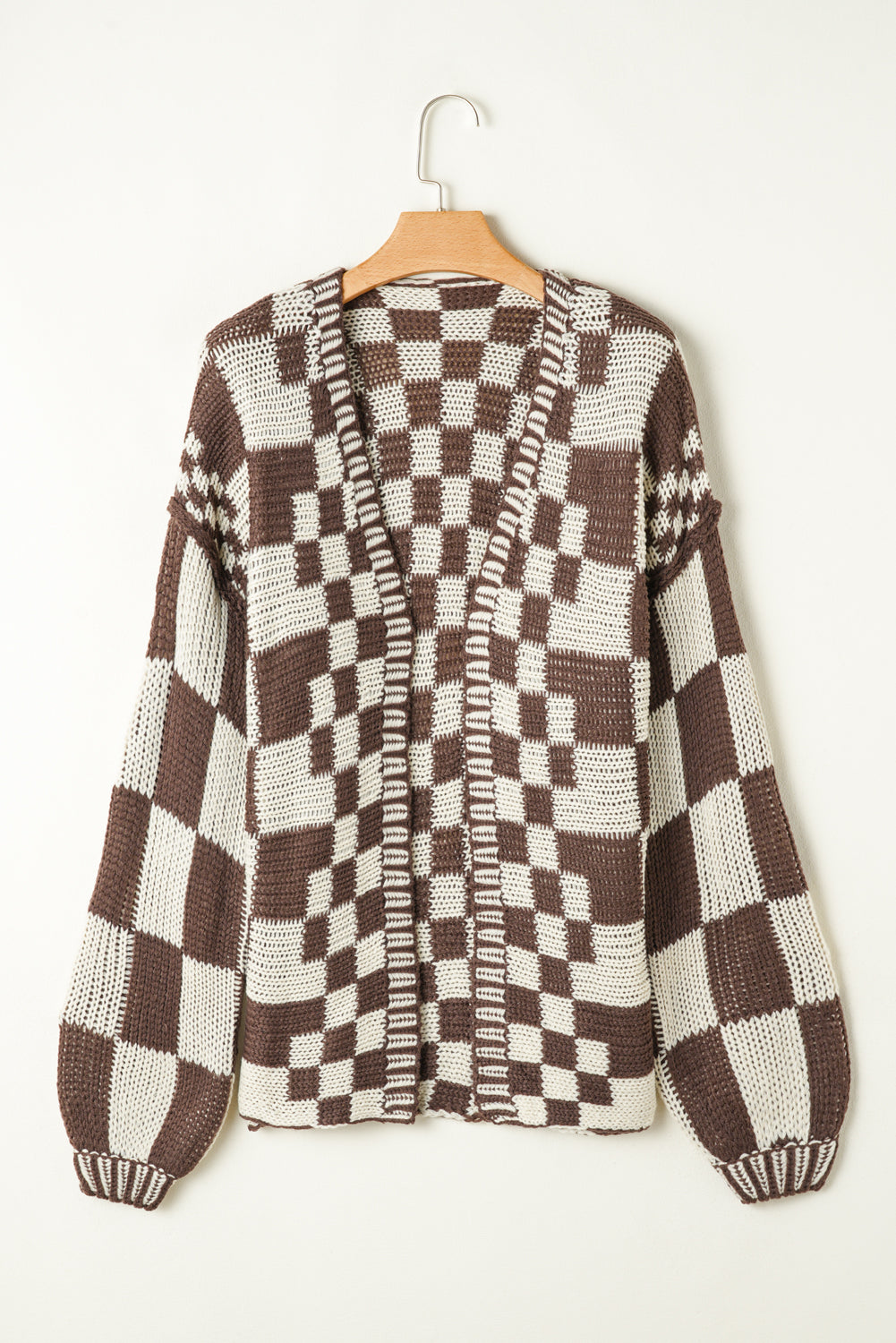 Dark Brown Colorblock Checked Loose Fit Open Front Knitted Cardigan