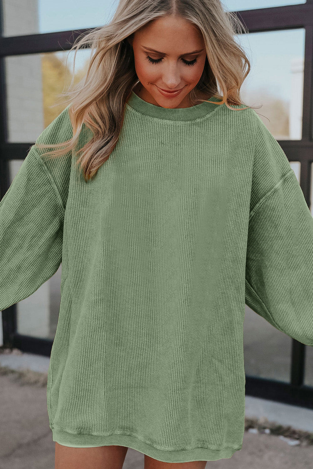White Drop Shoulder Rib Knit Oversized Sweatshirt