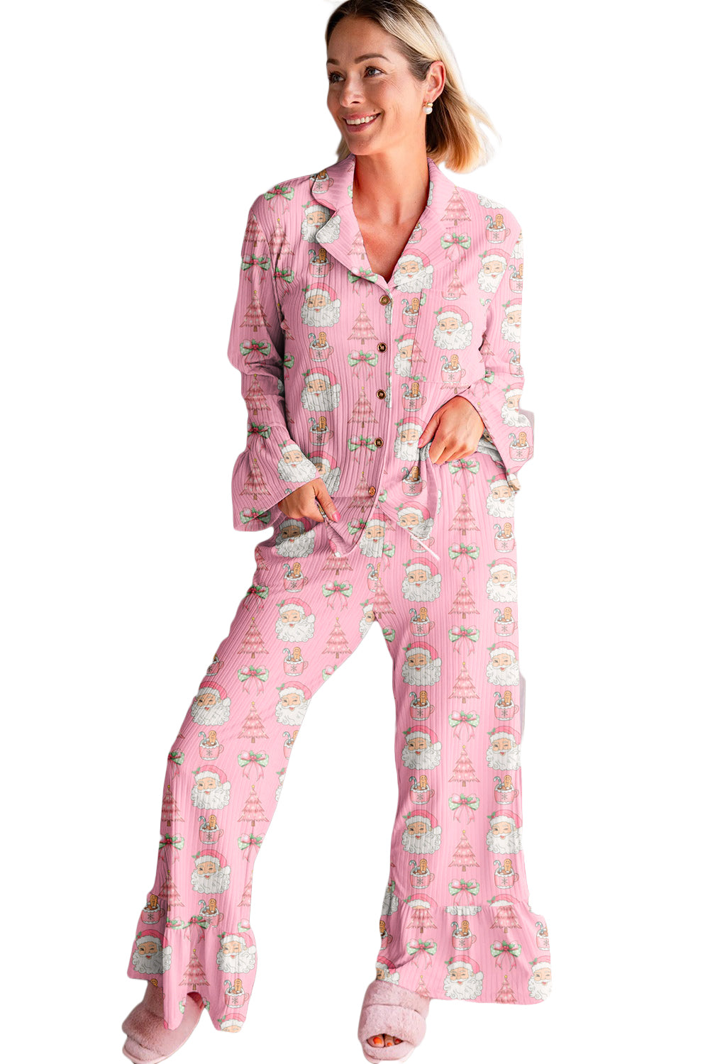 Pink Christmas Print Ruffle Ribbed Shirt and Pants Pajama Set