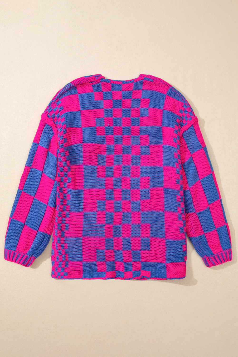 Dark Brown Colorblock Checked Loose Fit Open Front Knitted Cardigan