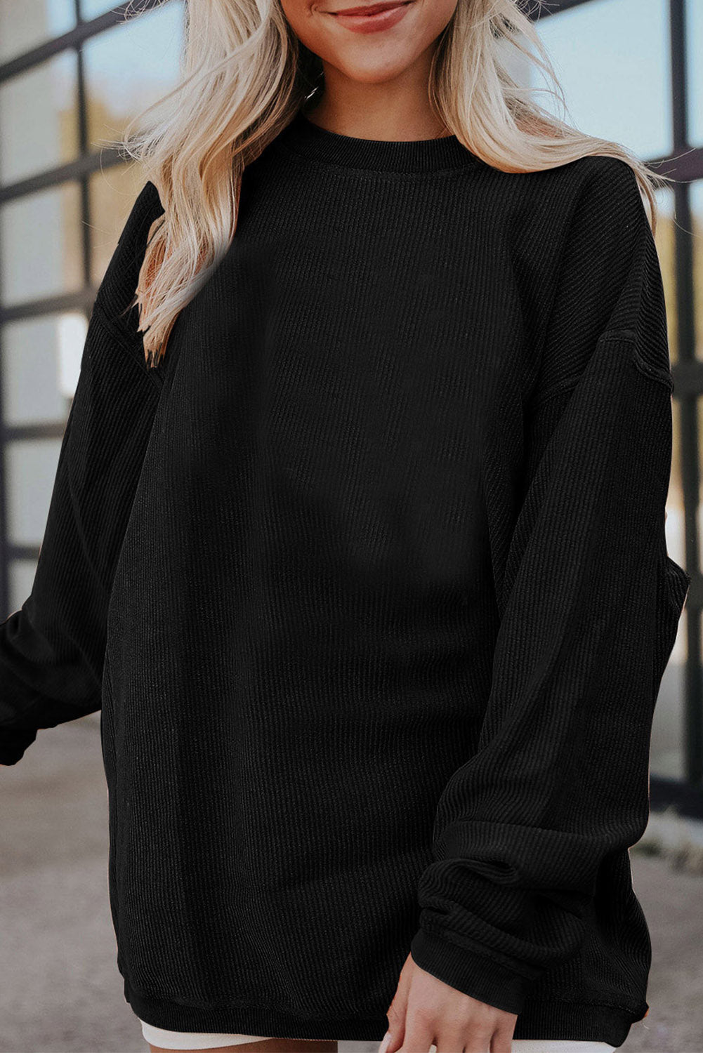 White Drop Shoulder Rib Knit Oversized Sweatshirt