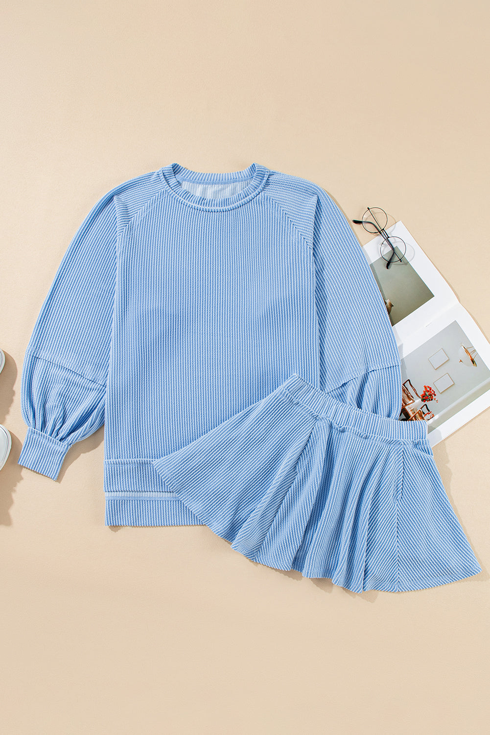 Jet Stream Corded Lantern Sleeve Pullover and Ruffle Mini Skirt Set