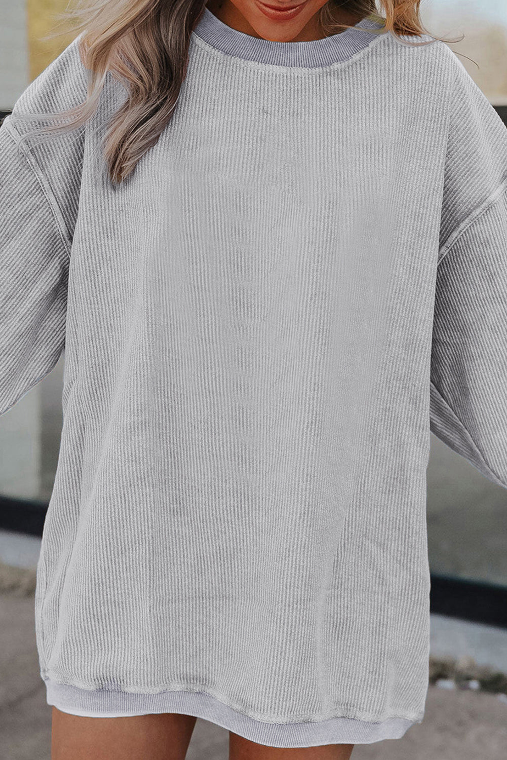 White Drop Shoulder Rib Knit Oversized Sweatshirt