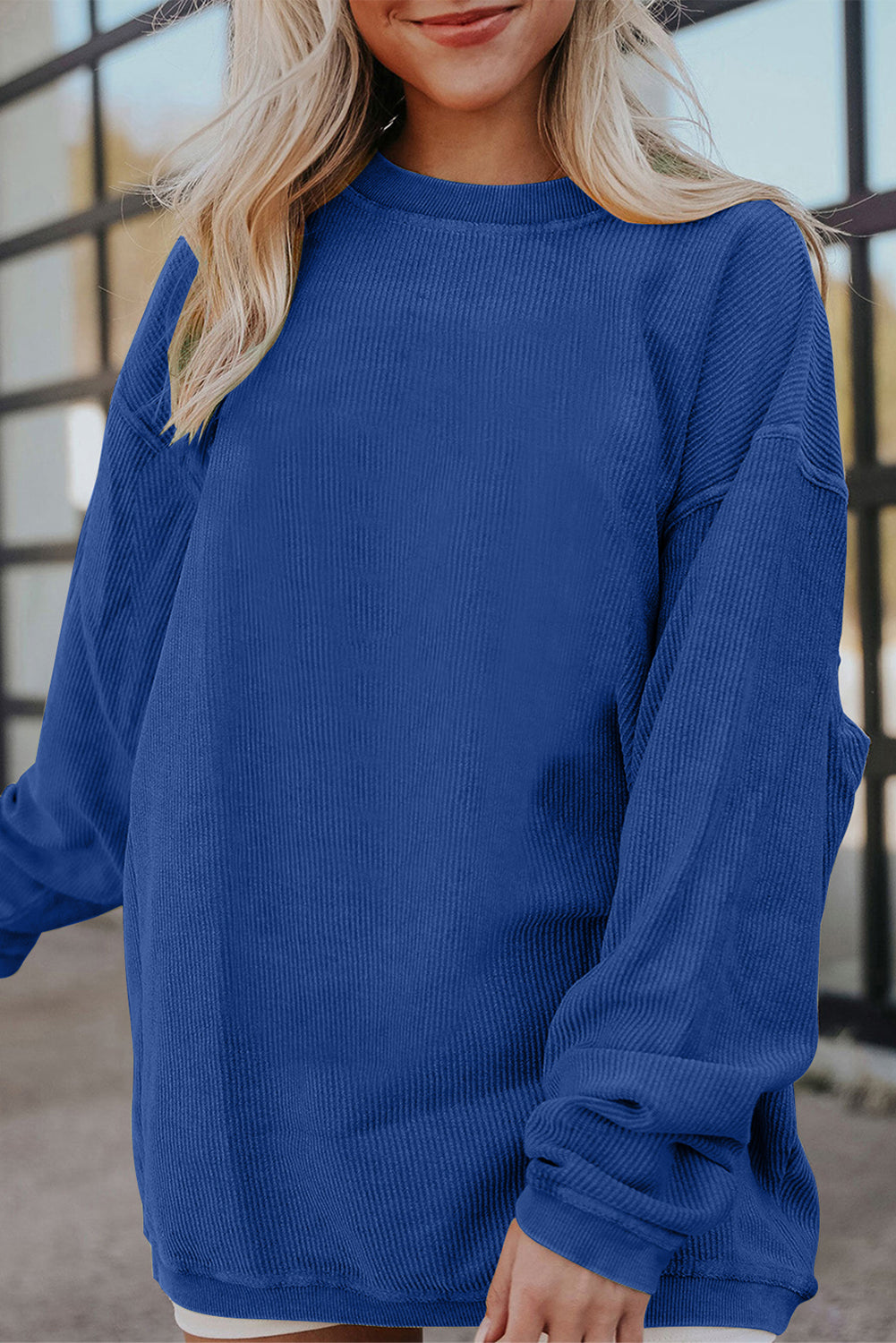 White Drop Shoulder Rib Knit Oversized Sweatshirt