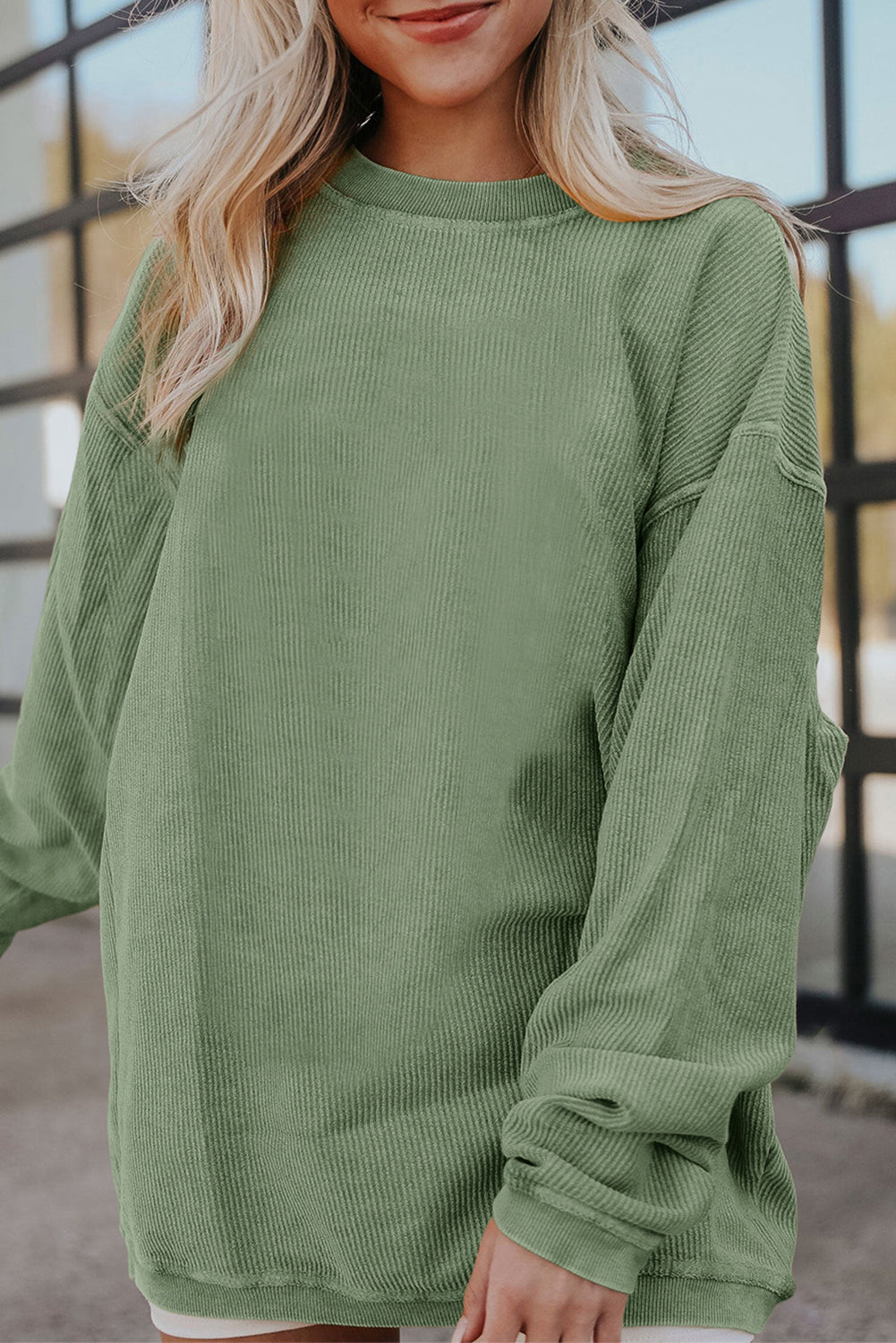 White Drop Shoulder Rib Knit Oversized Sweatshirt