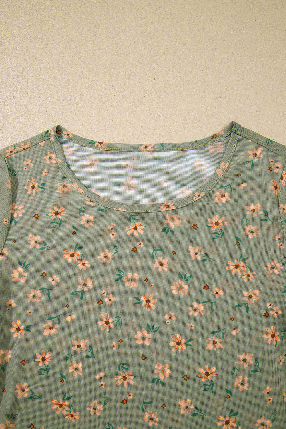 Laurel Green Vintage Floral Print Mesh Slim Fit Long Sleeve Top