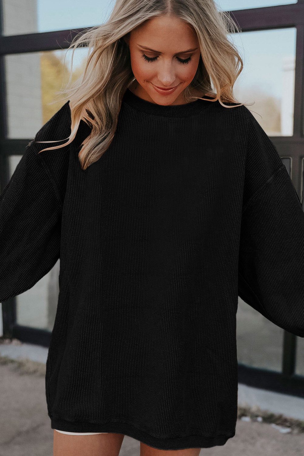 White Drop Shoulder Rib Knit Oversized Sweatshirt