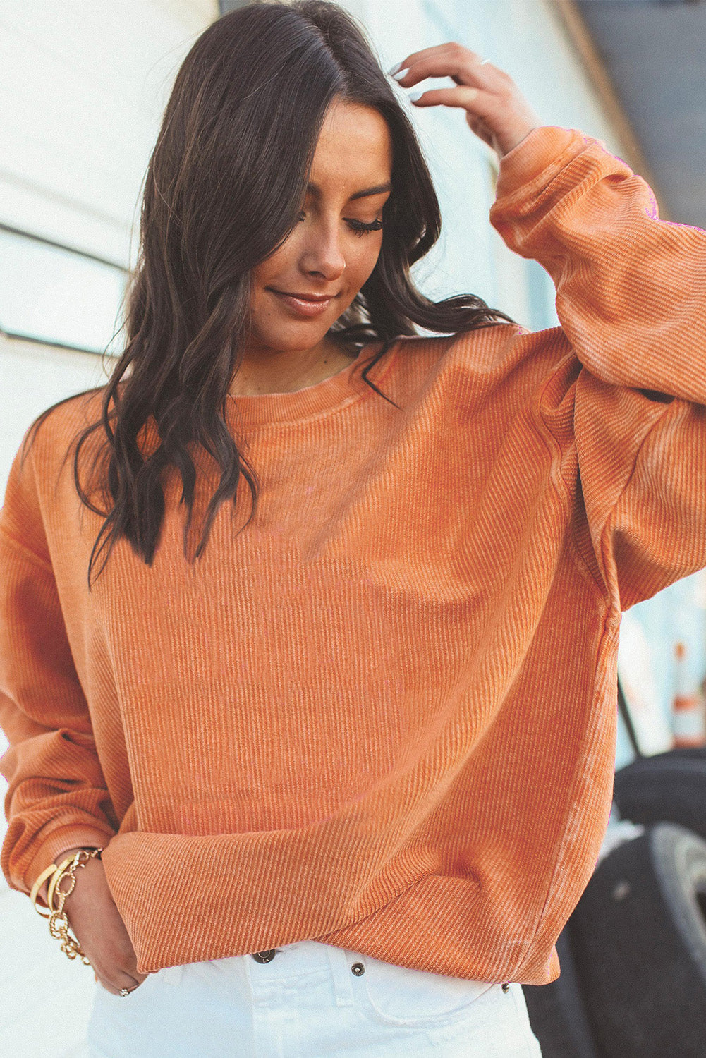 White Drop Shoulder Rib Knit Oversized Sweatshirt