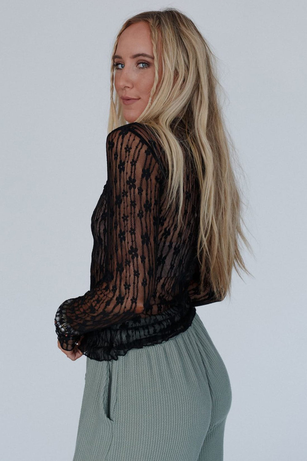 Black Sheer Floral Lace Long Sleeve Slim Fit Top