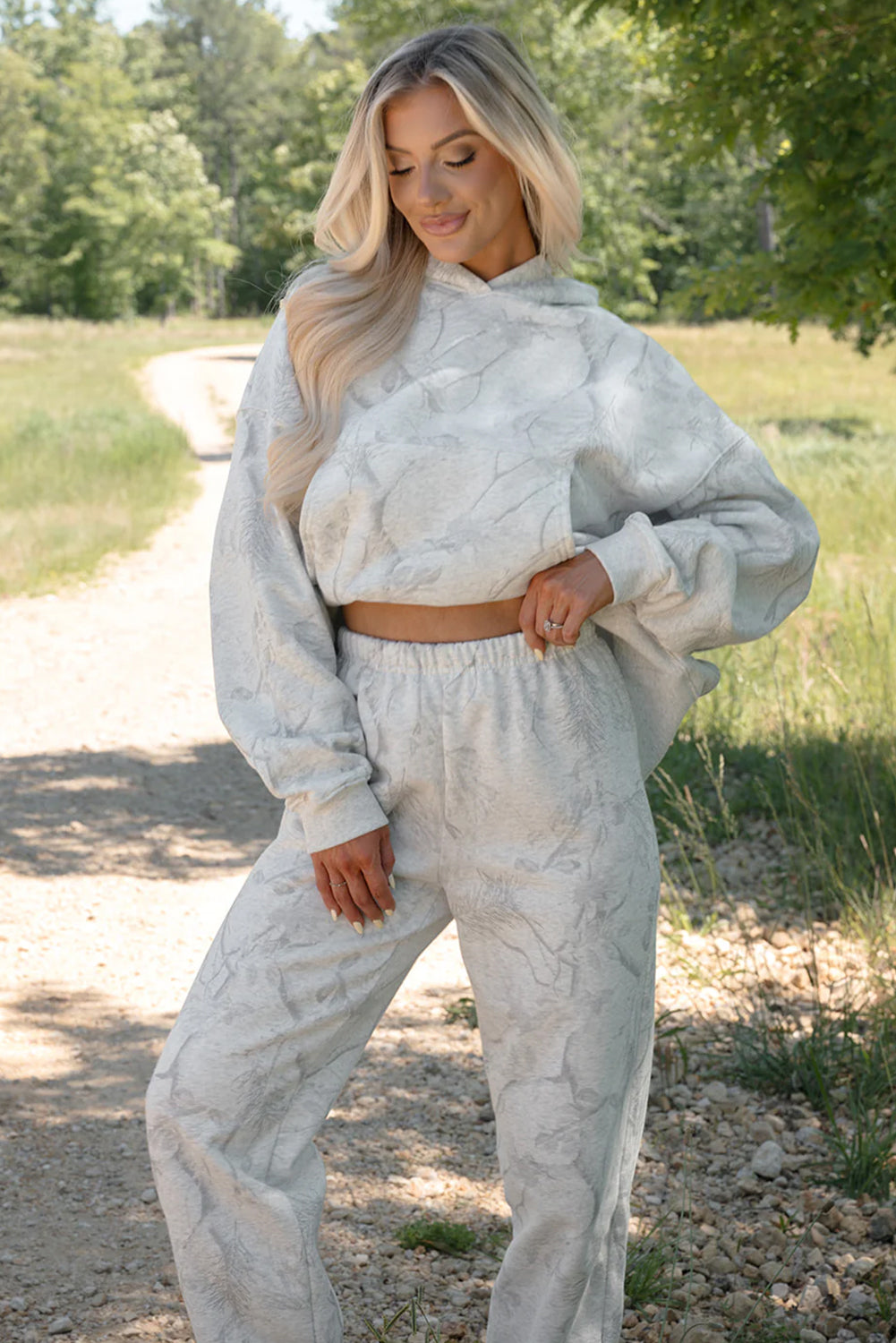 Light Grey Abstract Print Loose Drop Sleeve Hoodie and Pants Set