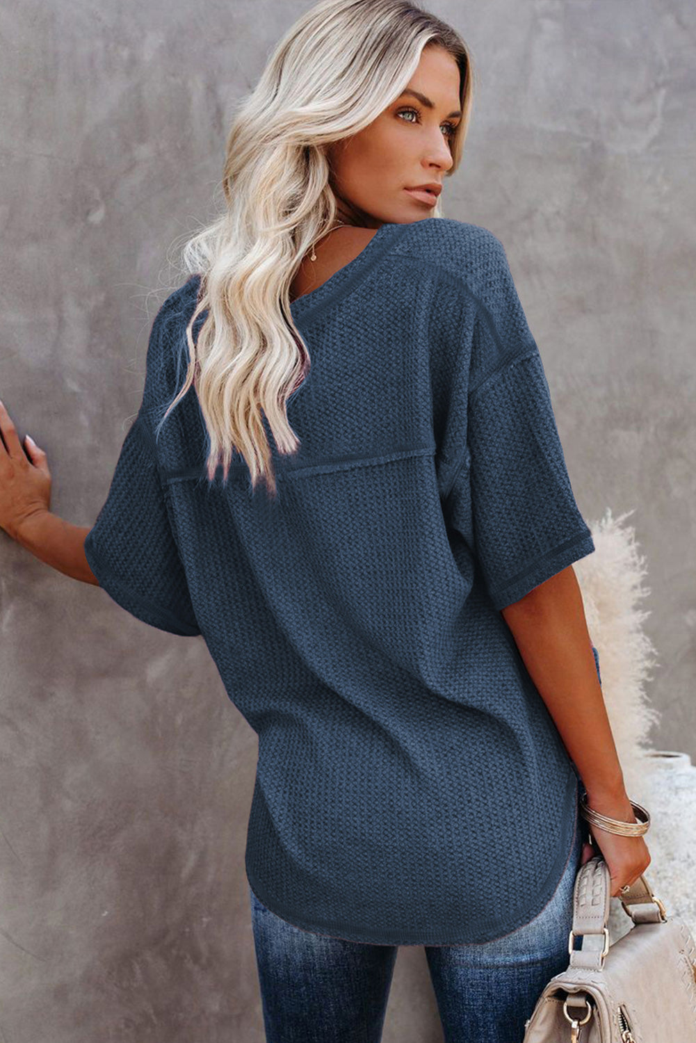 Rose Exposed Seam Drop Sleeve V Neck Waffle Textured Top