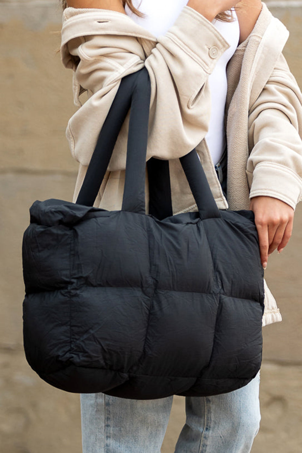 Cinnamon Solid Quilted Puffy Zipped Large Tote Bag