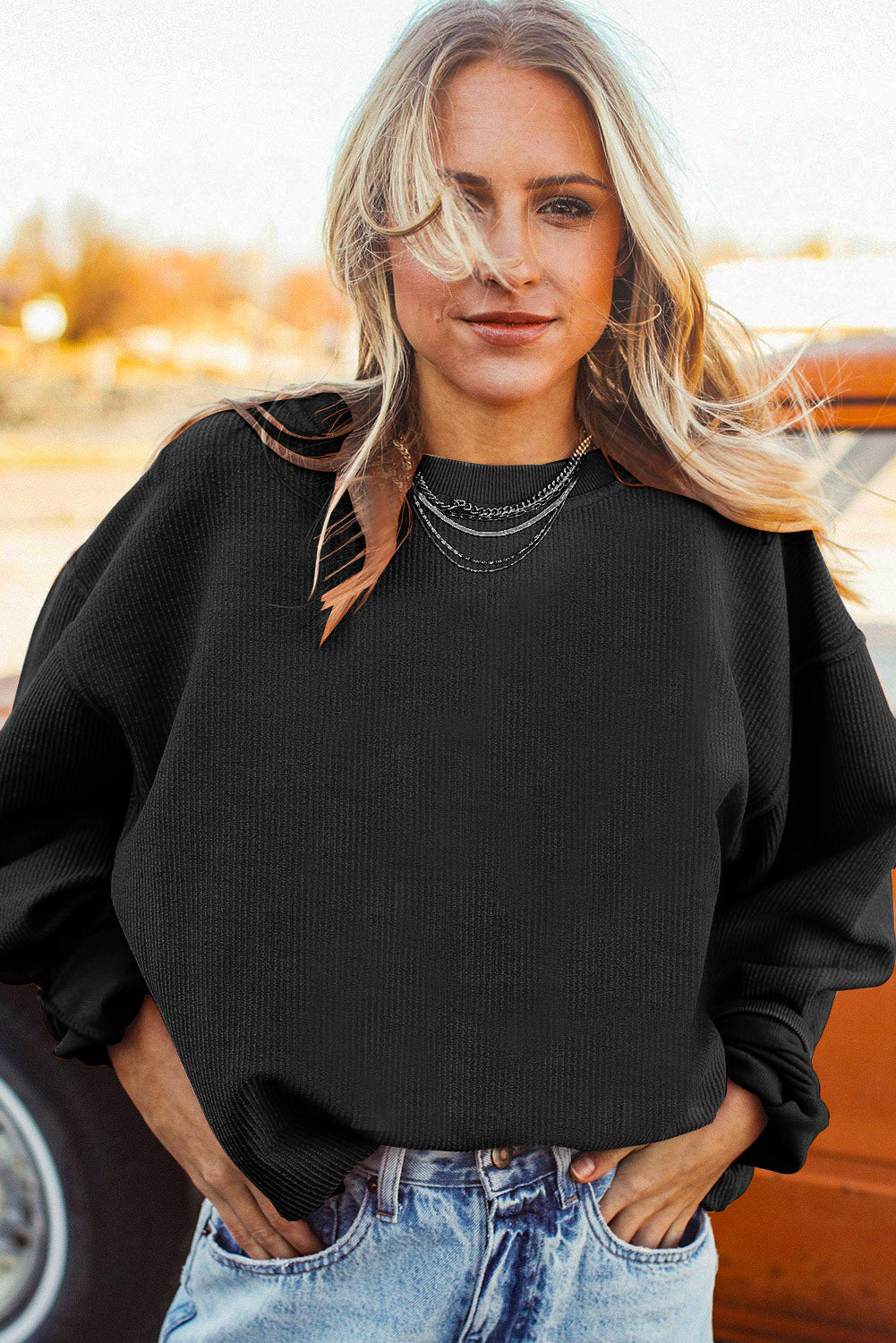 White Drop Shoulder Rib Knit Oversized Sweatshirt