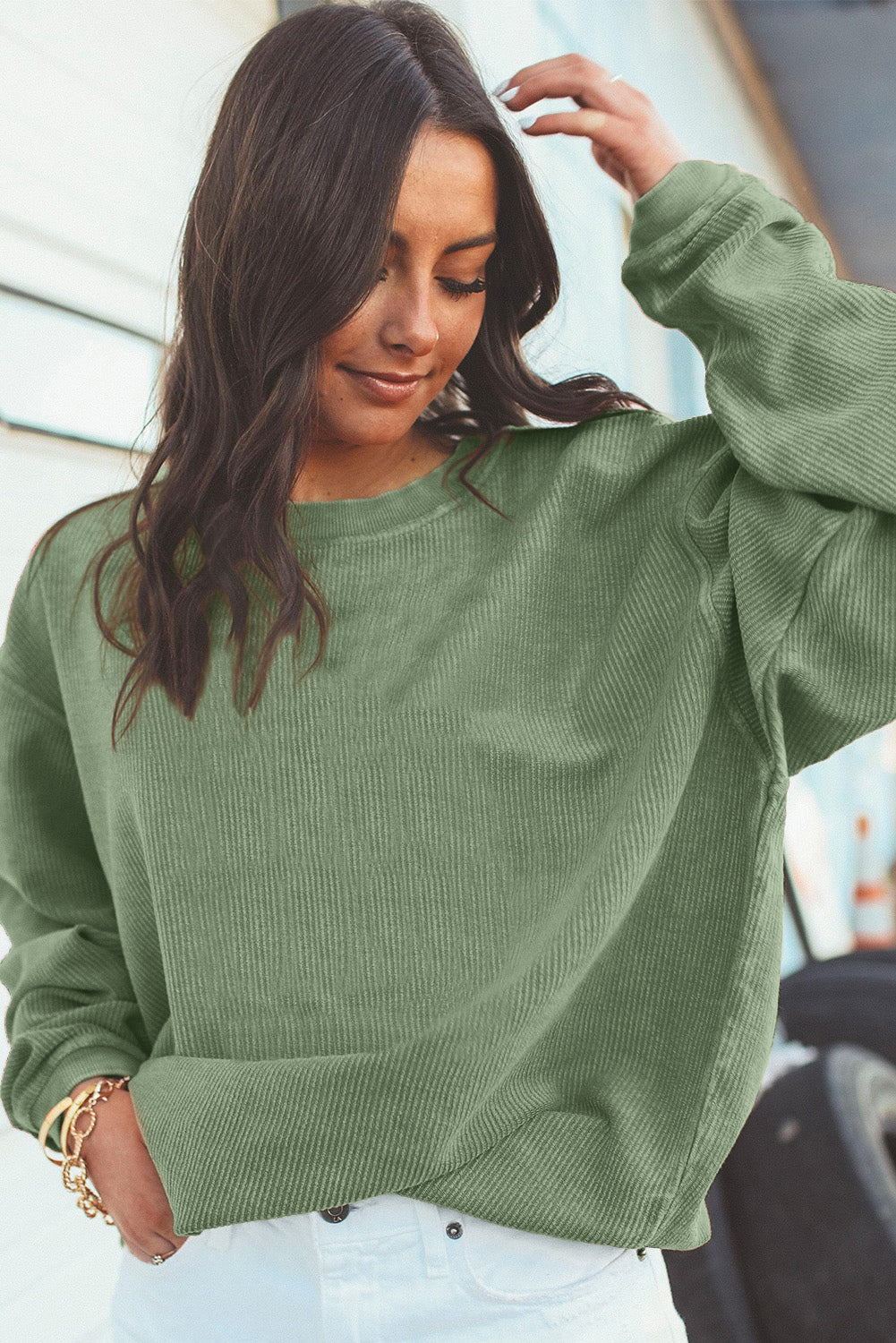 White Drop Shoulder Rib Knit Oversized Sweatshirt