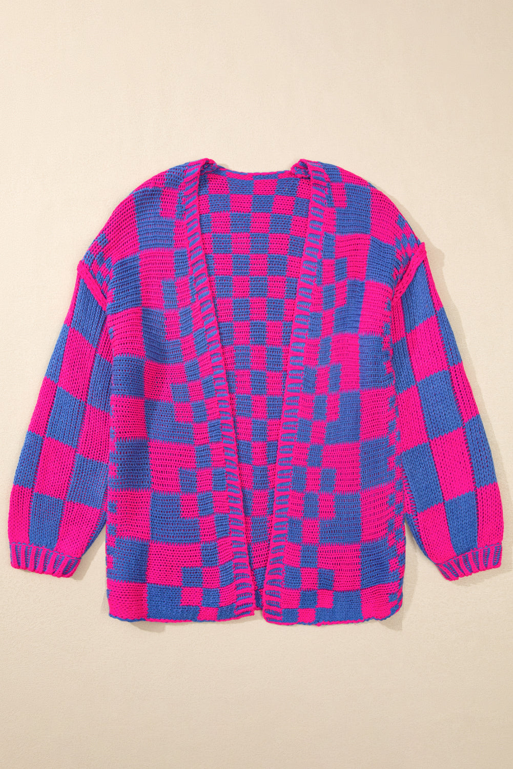 Dark Brown Colorblock Checked Loose Fit Open Front Knitted Cardigan