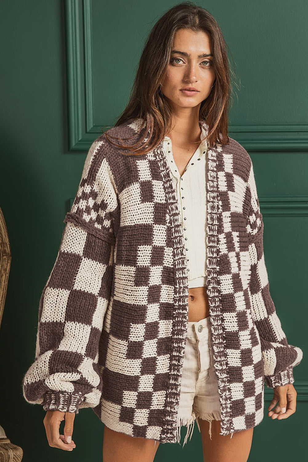 Dark Brown Colorblock Checked Loose Fit Open Front Knitted Cardigan
