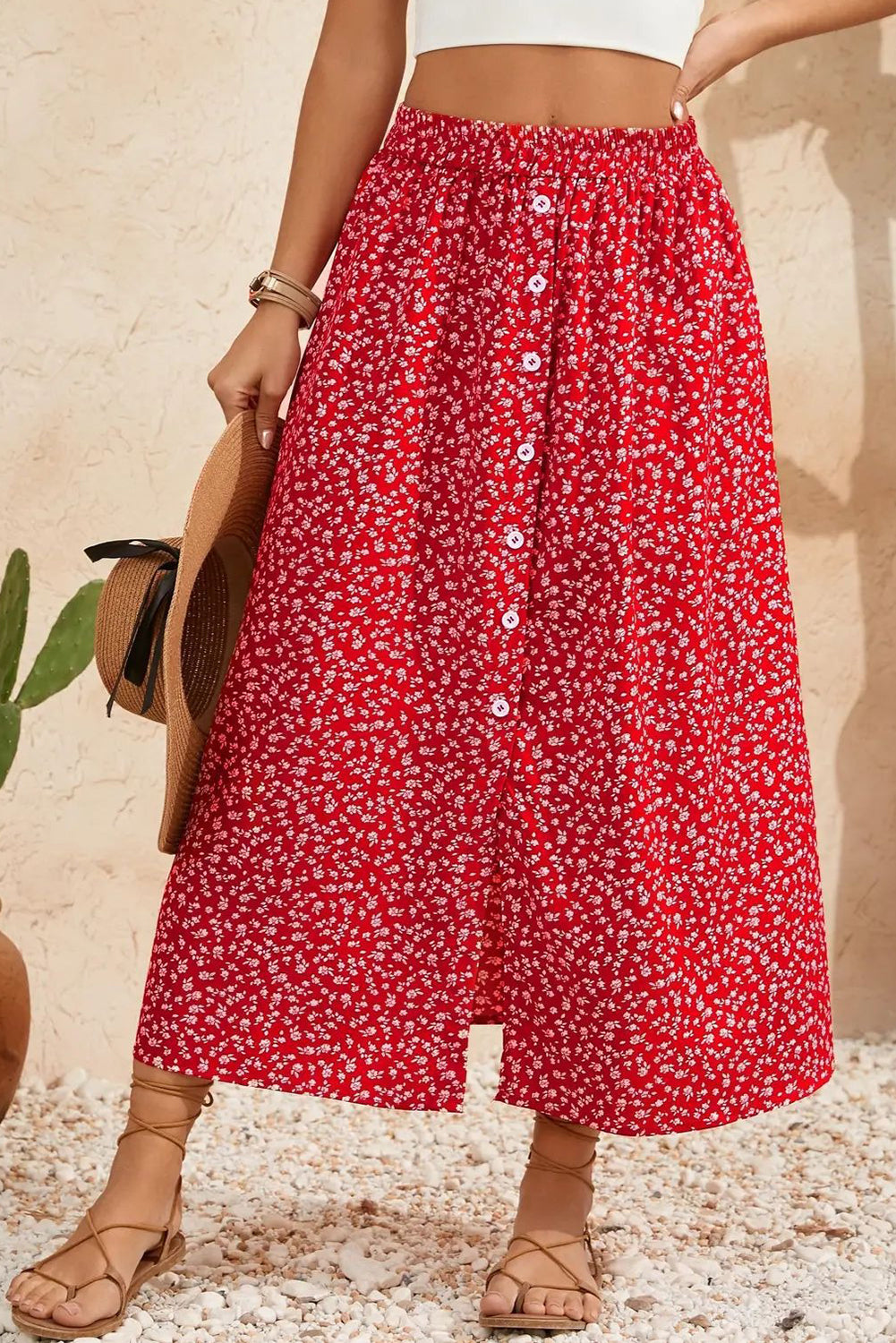 Red Floral Print Button Down Skirt