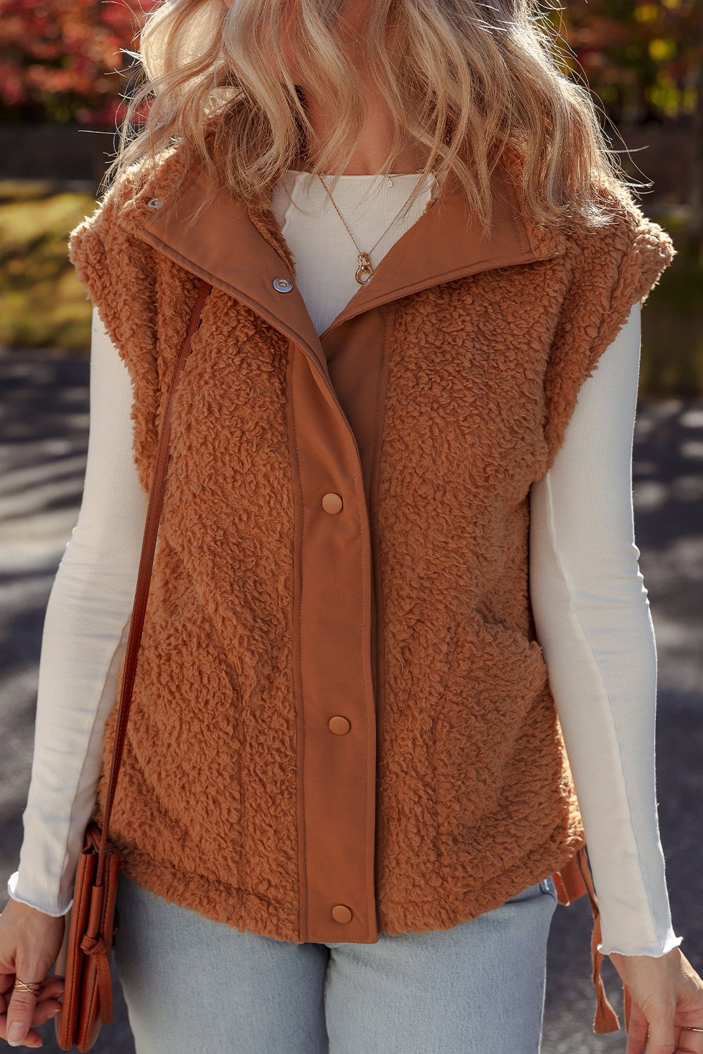 Beige Faux Fur Snap Button Front Knot Side Plush Vest
