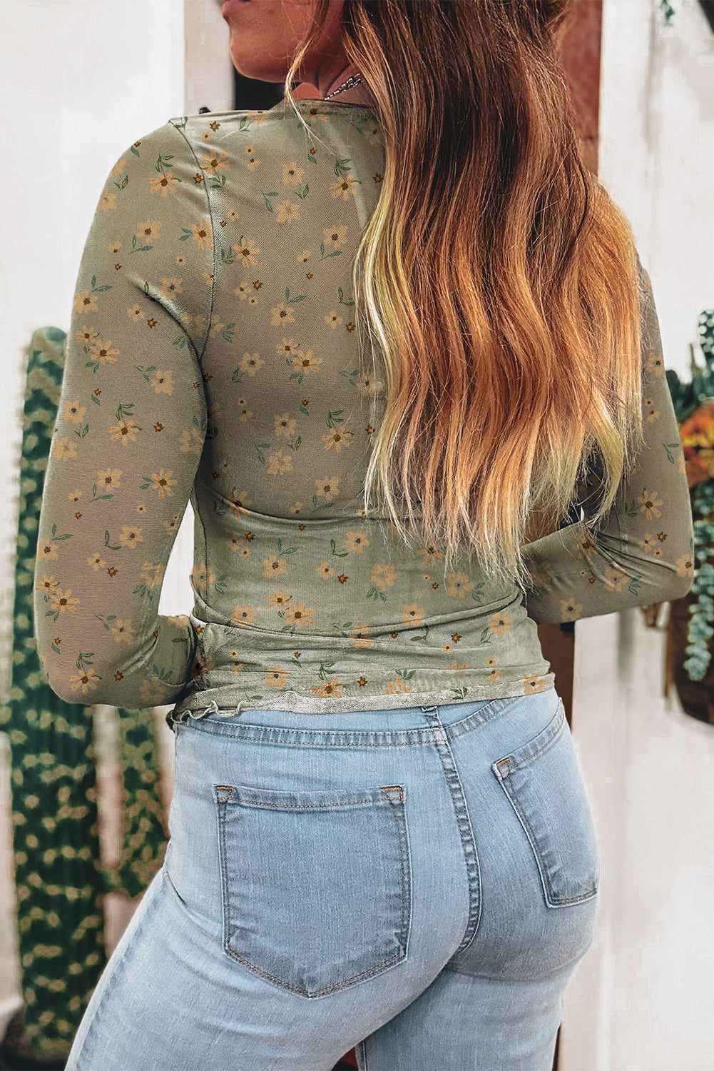 Laurel Green Vintage Floral Print Mesh Slim Fit Long Sleeve Top