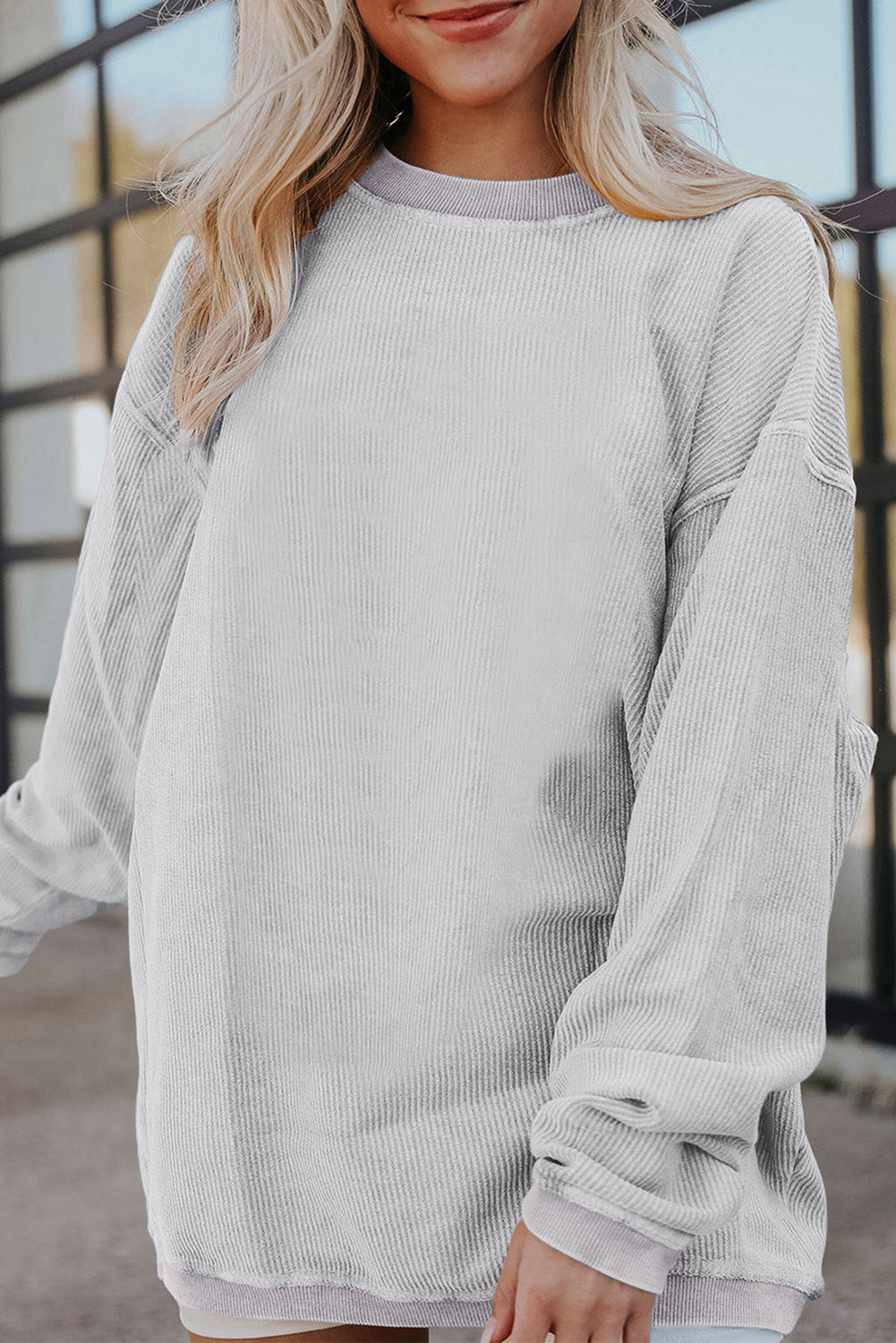White Drop Shoulder Rib Knit Oversized Sweatshirt
