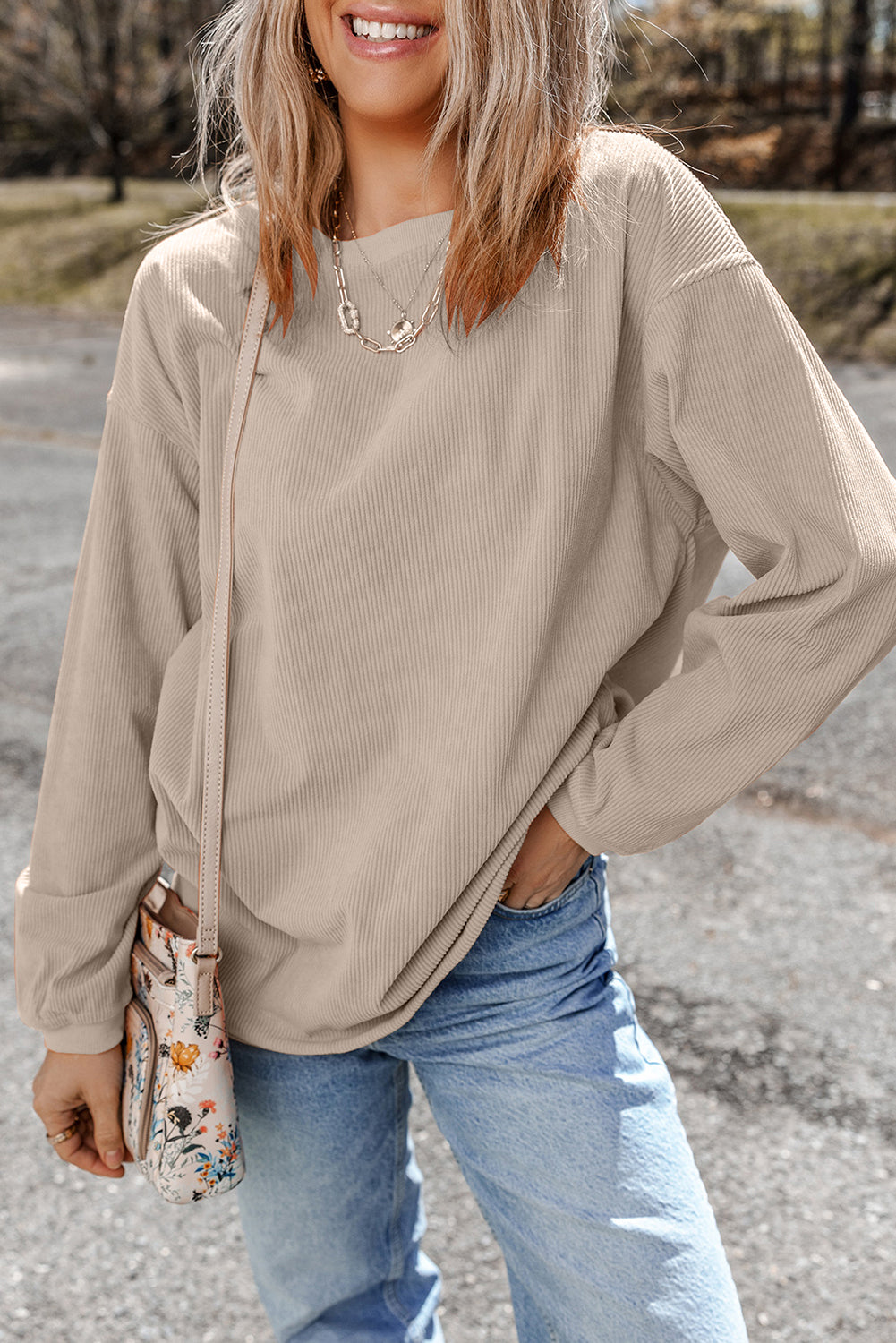 White Drop Shoulder Rib Knit Oversized Sweatshirt