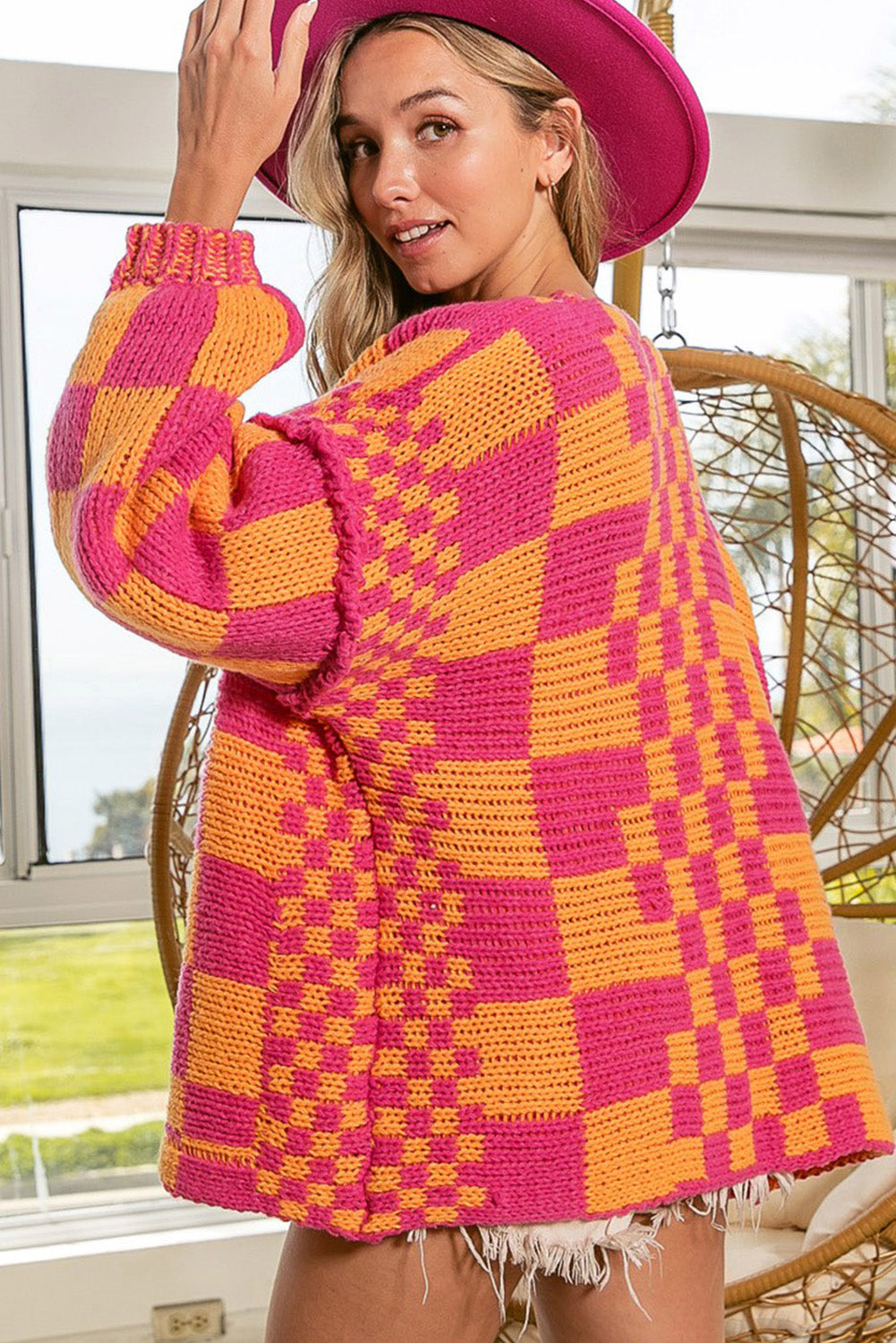 Dark Brown Colorblock Checked Loose Fit Open Front Knitted Cardigan