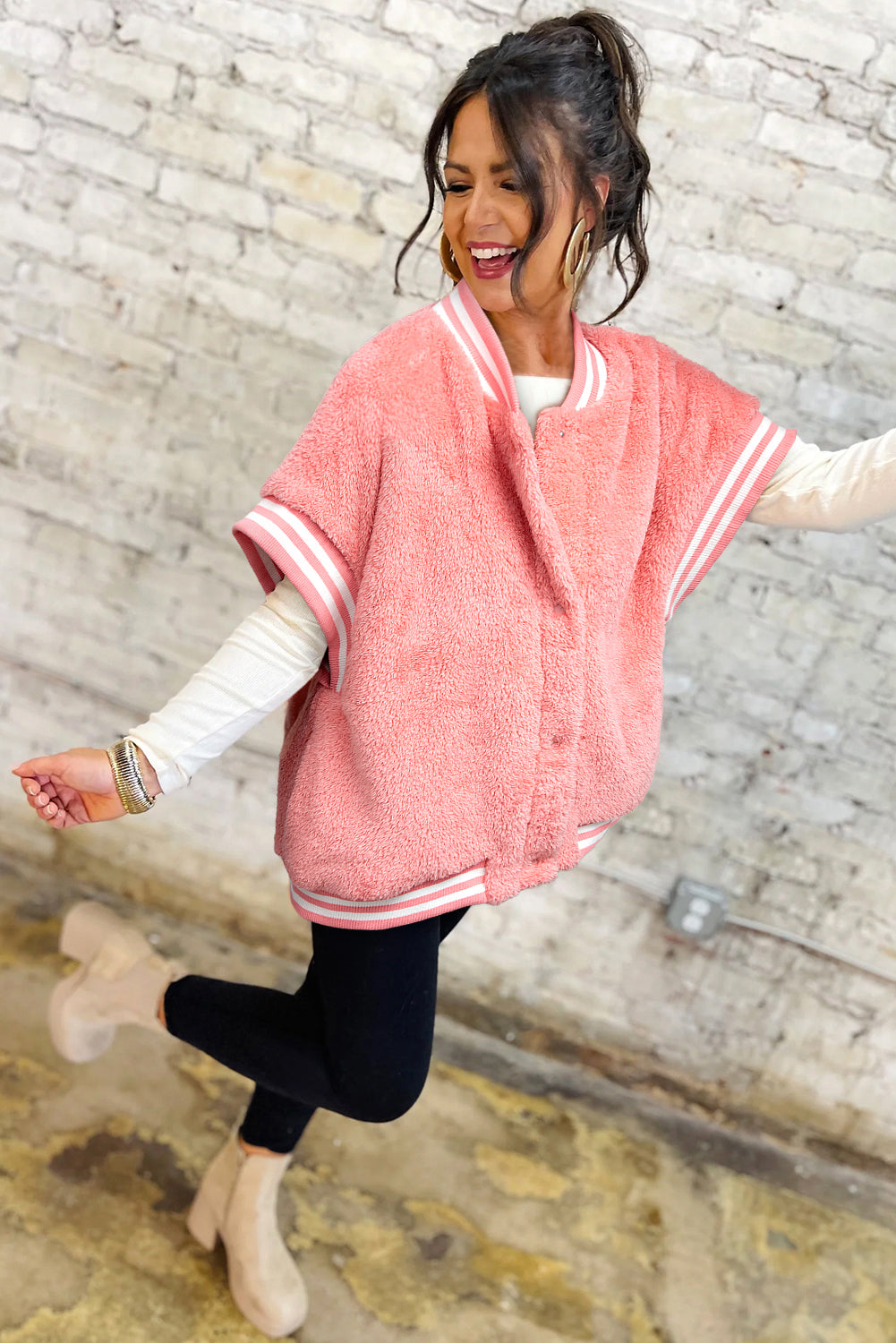 Gossamer Pink Contrast Trim Plush Sleeveless Coat