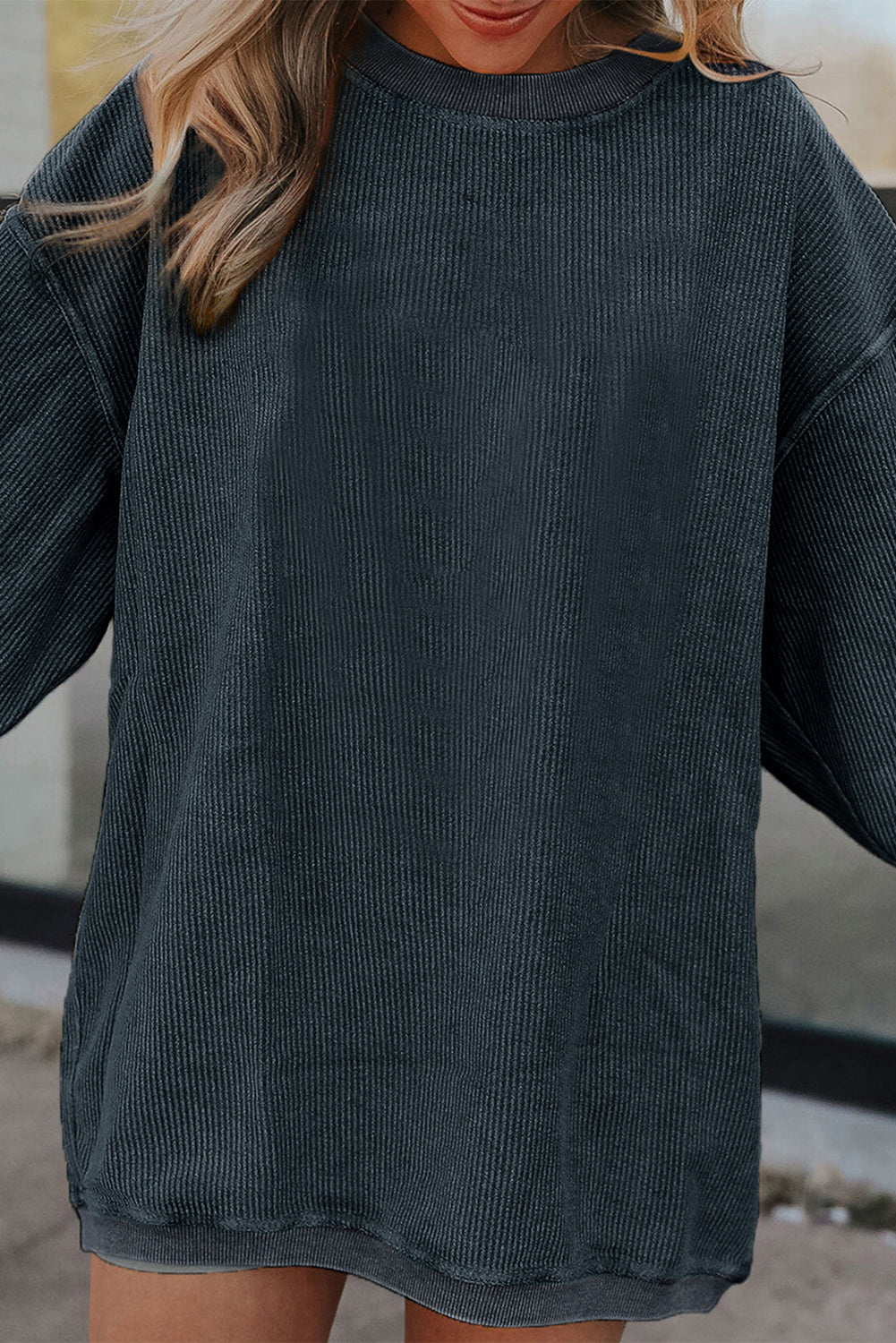 White Drop Shoulder Rib Knit Oversized Sweatshirt