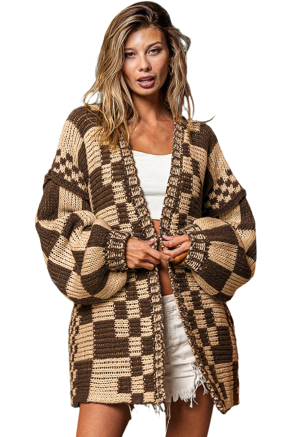 Dark Brown Colorblock Checked Loose Fit Open Front Knitted Cardigan