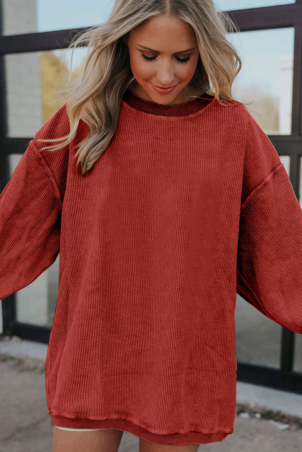 White Drop Shoulder Rib Knit Oversized Sweatshirt