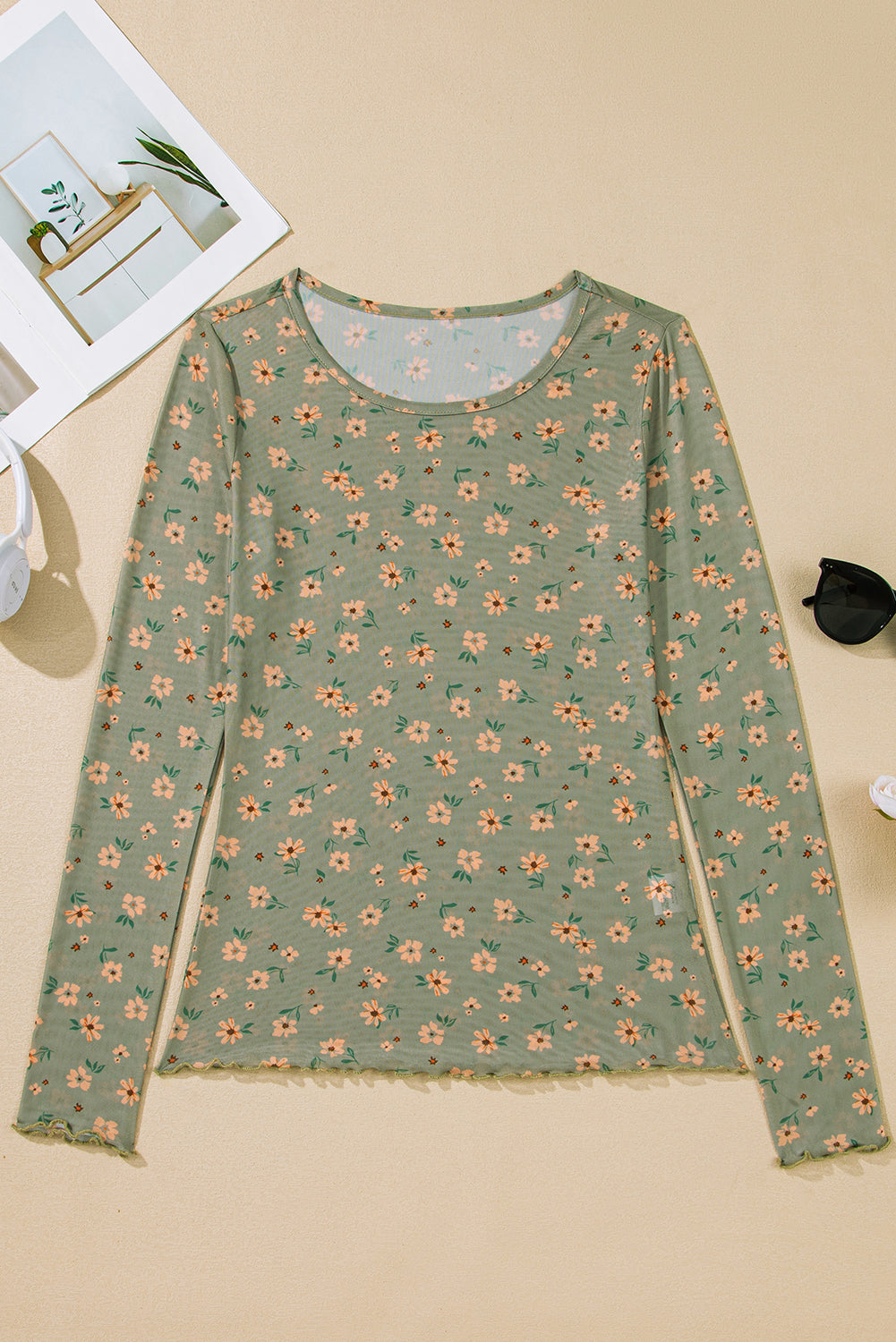Laurel Green Vintage Floral Print Mesh Slim Fit Long Sleeve Top