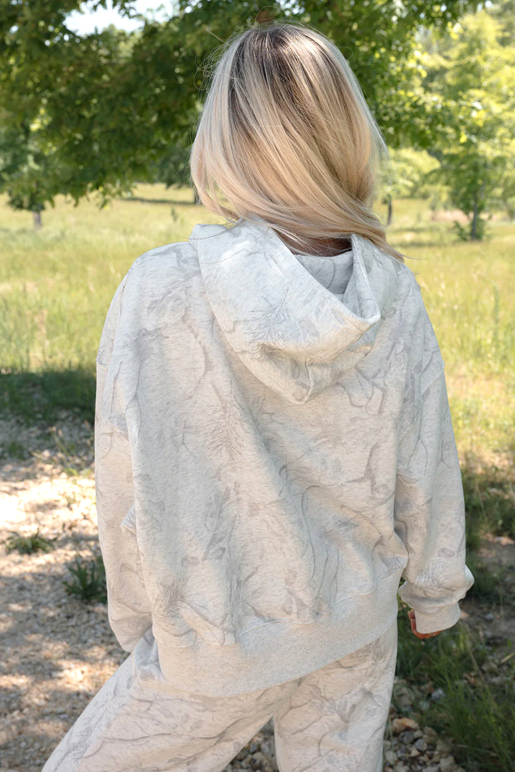 Light Grey Abstract Print Loose Drop Sleeve Hoodie and Pants Set