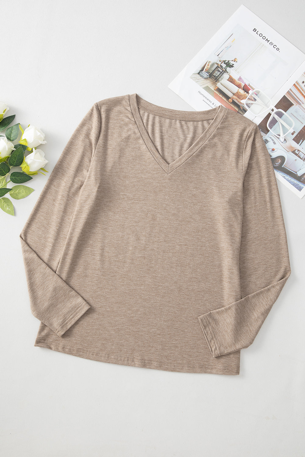 Black Plain V Neck Long Sleeve Top