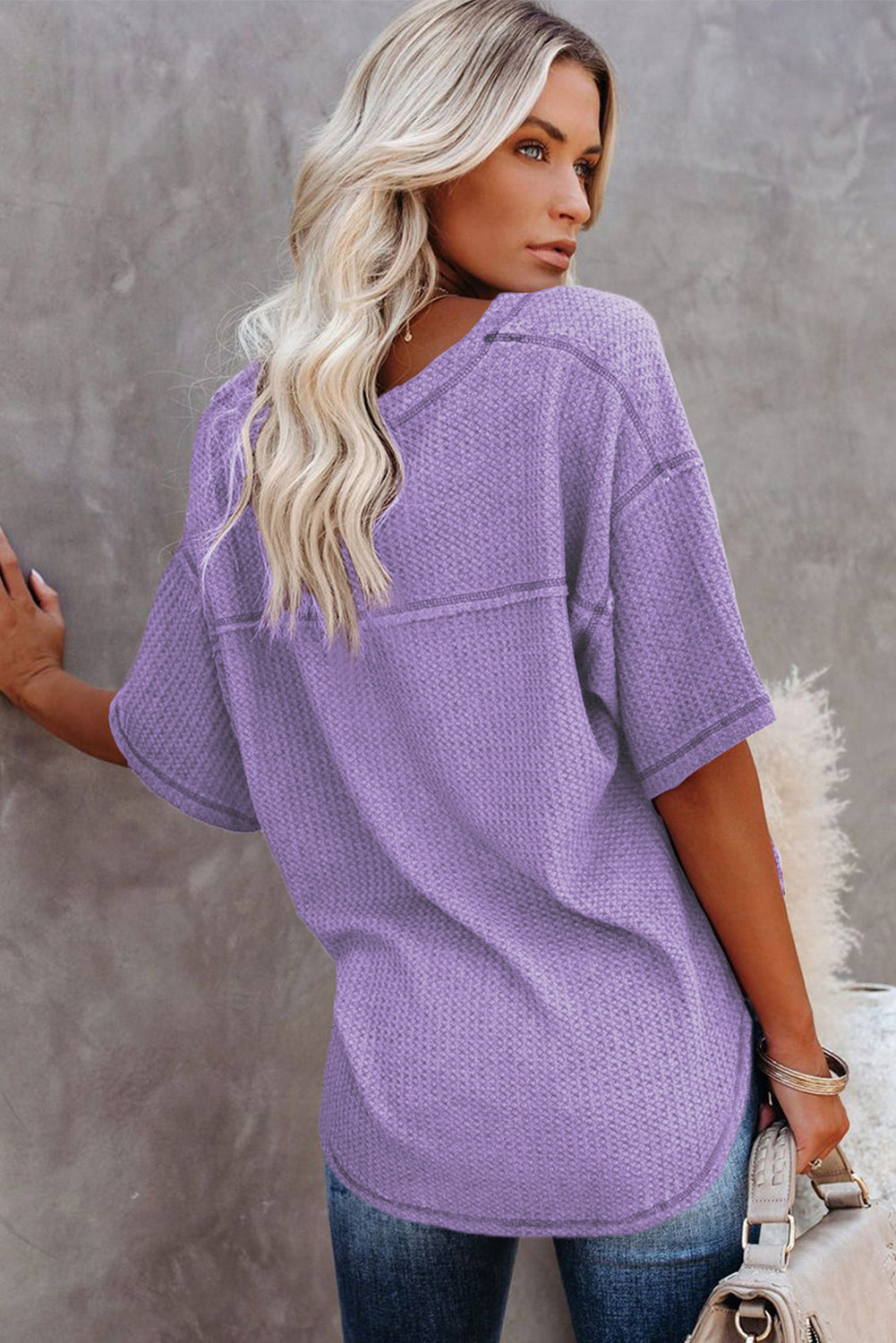 Rose Exposed Seam Drop Sleeve V Neck Waffle Textured Top