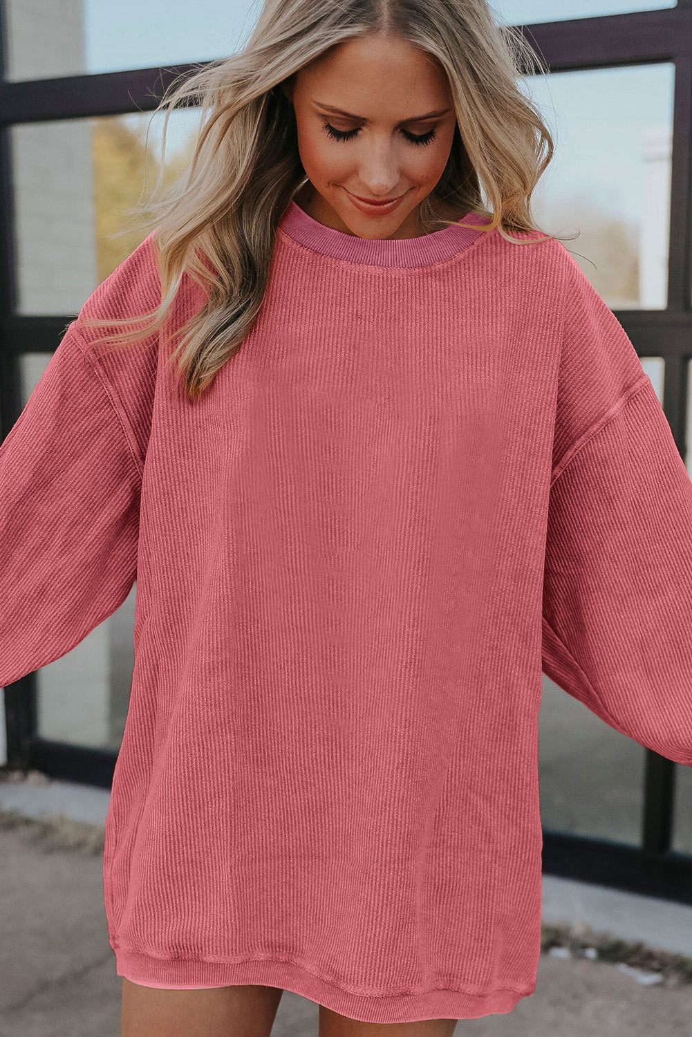 White Drop Shoulder Rib Knit Oversized Sweatshirt