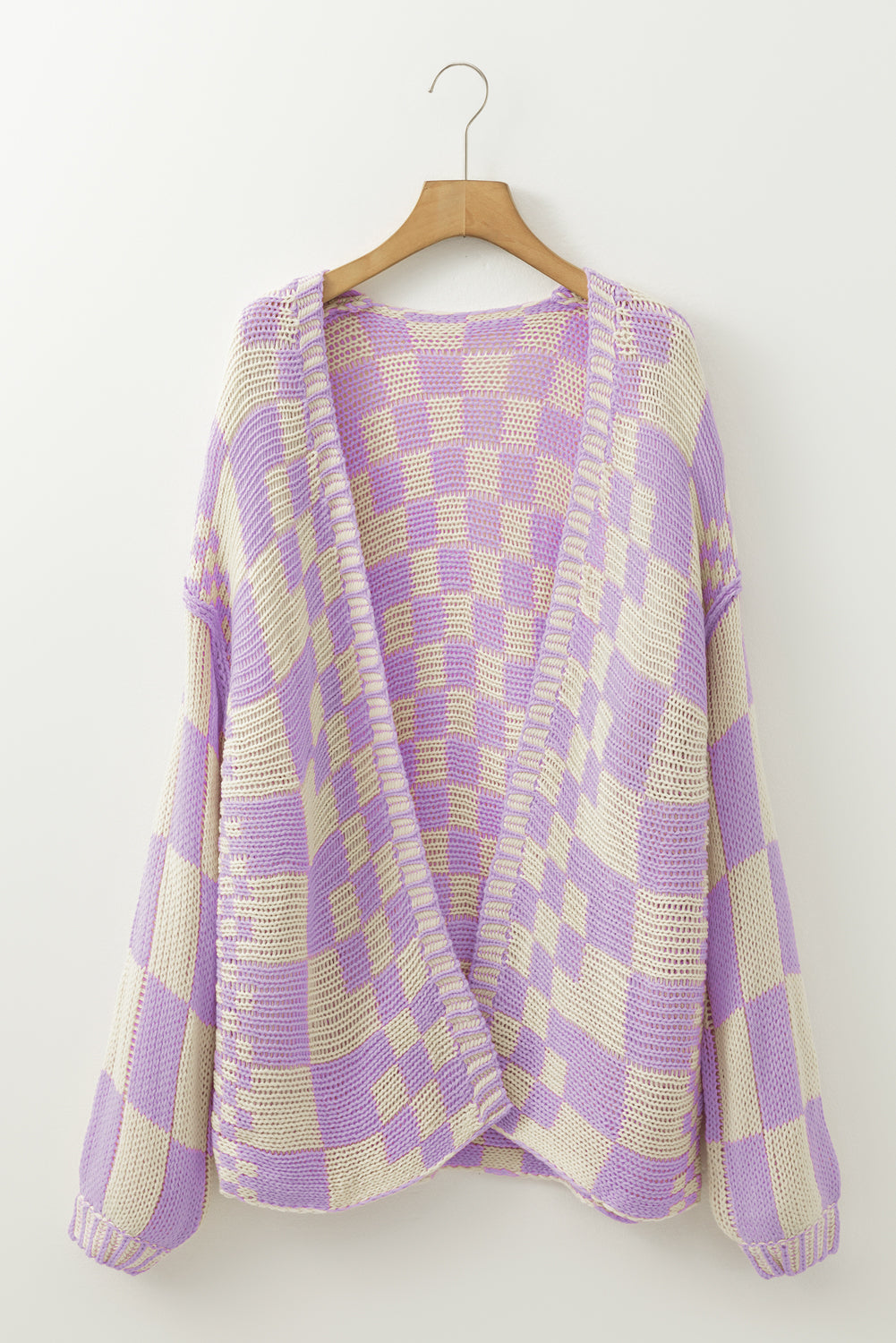Dark Brown Colorblock Checked Loose Fit Open Front Knitted Cardigan